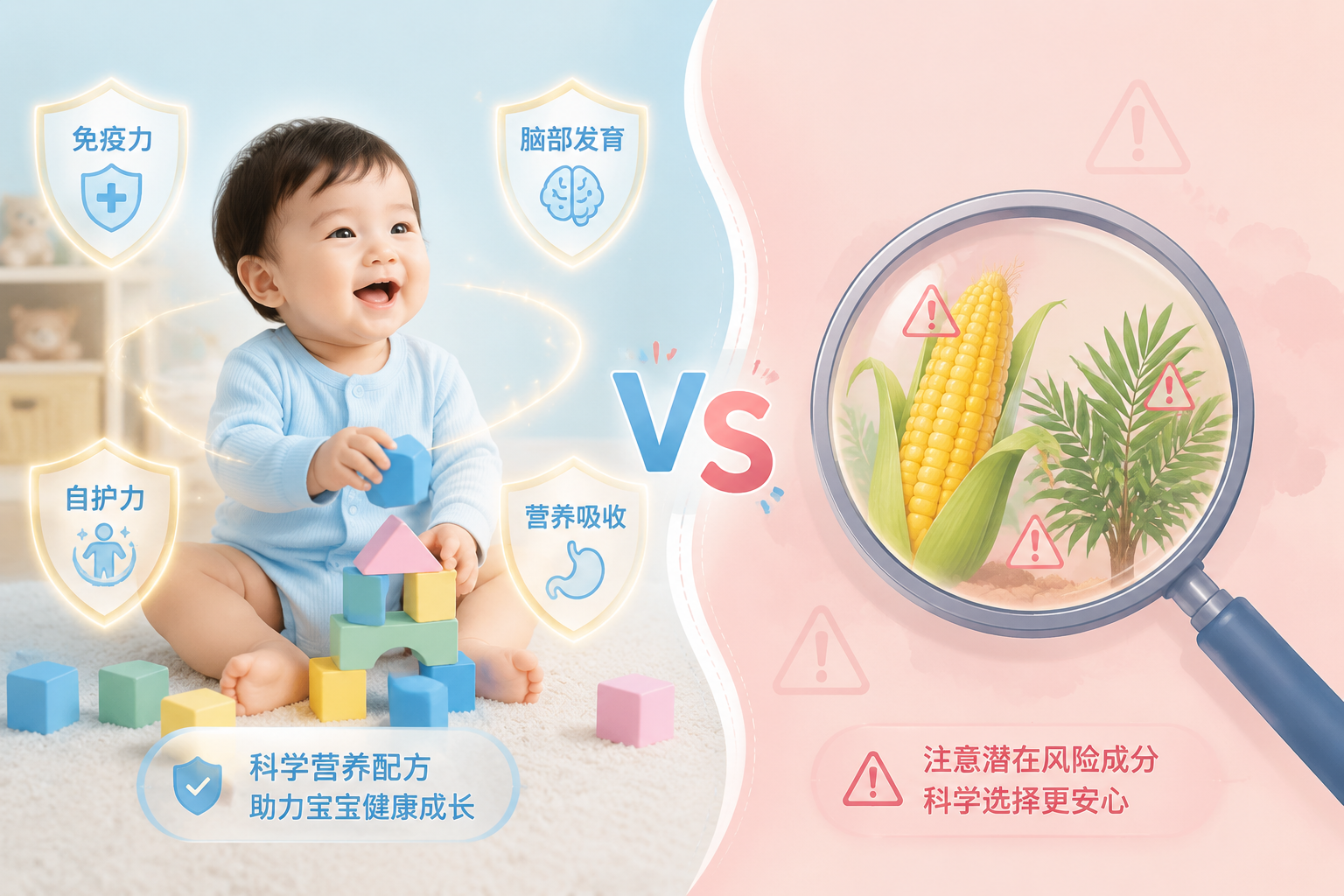 一张对比概念图。左侧是一个快乐健康的婴儿在玩益智积木,周围带有发光的盾牌图标(代表免疫力和大脑发育);右侧是一个放大镜,聚焦在玉米穗和棕榈叶上,带有轻微的警示感,柔和的马卡龙色调,母婴杂志插图风格。
