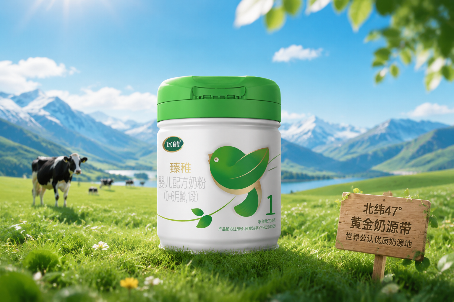 飞鹤臻稚有机奶粉1段产品图,放置在充满生机的绿色有机牧场草地上,背景是蓝天白云和北纬47度黄金奶源带的自然风光,阳光明媚,画面清新自然,展现高端有机奶粉的纯净感,商业摄影级光影。