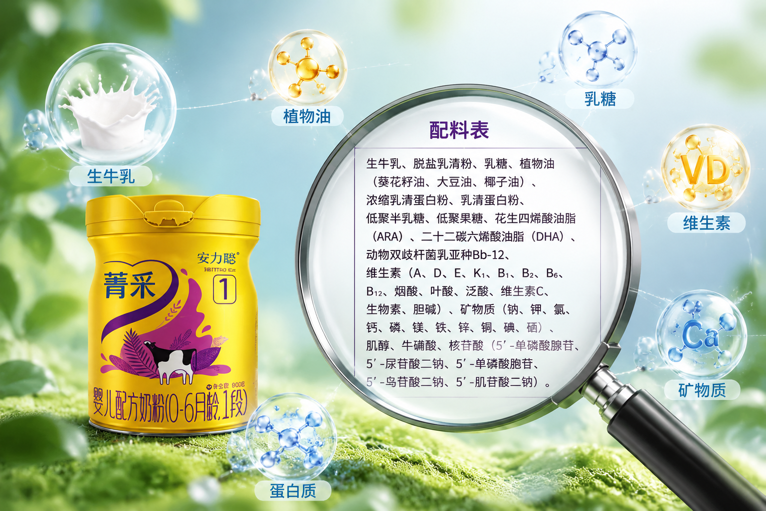 放大镜聚焦在一张干净排版的配料表上,周围漂浮着生牛乳、植物油、维生素等微观成分的3D发光图标,科技感与自然健康相结合的视觉设计,清晰明了。