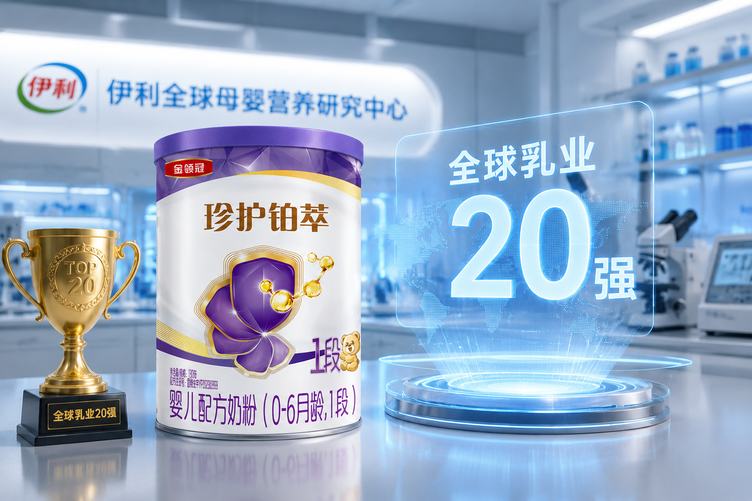 現(xiàn)代化的乳制品研發(fā)實(shí)驗(yàn)室背景，前景放置著伊利金領(lǐng)冠奶粉，旁邊有金色的獎(jiǎng)杯和“全球乳業(yè)20強(qiáng)”的虛擬全息投影，展現(xiàn)大品牌的科技感與硬實(shí)力，商業(yè)攝影風(fēng)格。