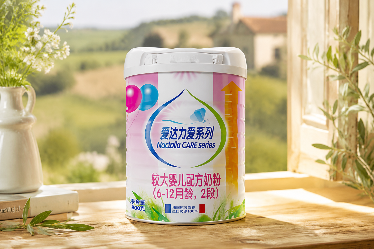 一罐愛達(dá)力愛系列奶粉2段的高清產(chǎn)品圖，放置在明亮溫馨的木質(zhì)桌面上，背景是模糊的法式田園風(fēng)光，陽光透過窗戶灑在奶粉罐上，展現(xiàn)出高端、純凈的品牌質(zhì)感，專業(yè)攝影，柔和自然光。
