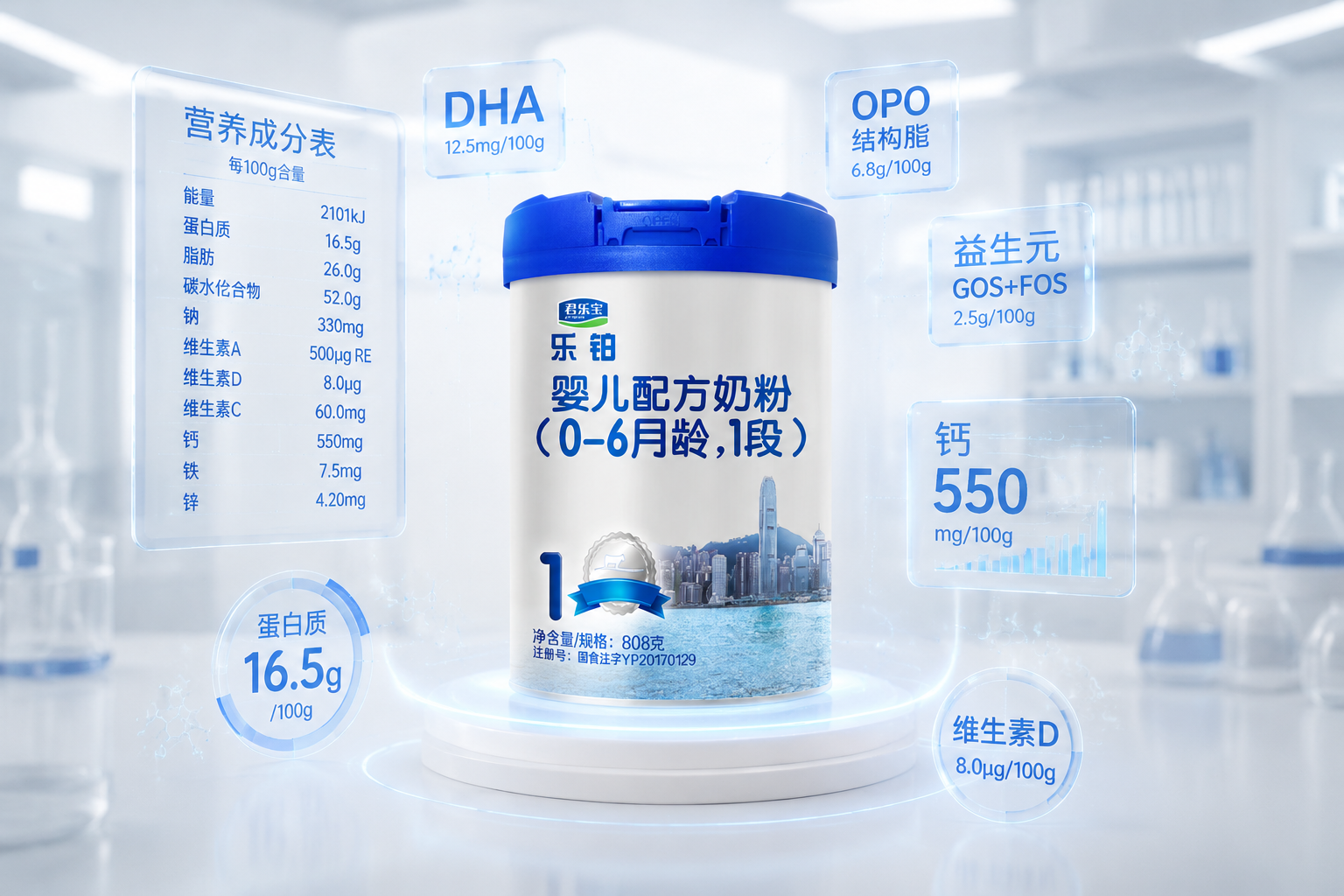 营养成分表概念图，君乐宝乐铂奶粉罐旁边漂浮着发光的半透明数据图表和百分比，背景为实验室或高级医疗白底环境，展现专业、精准的数据感。