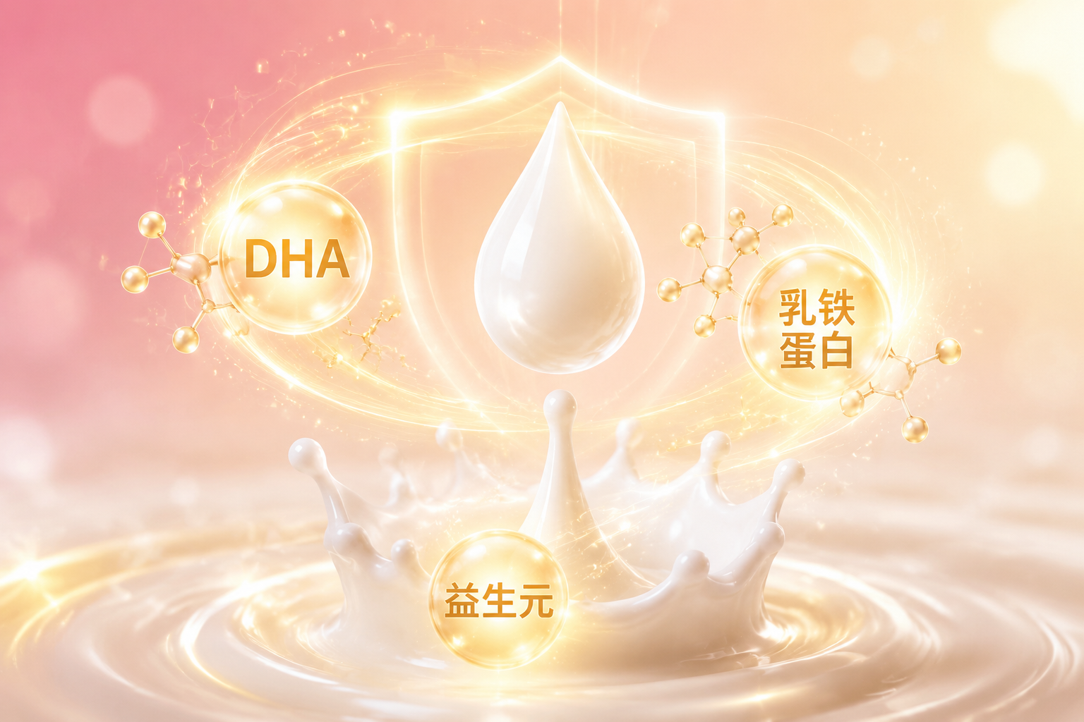 微距攝影結(jié)合3D科幻渲染風(fēng)格，展示一滴晶瑩剔透的牛奶落下，牛奶周圍環(huán)繞著代表DHA、乳鐵蛋白、益生元的發(fā)光分子結(jié)構(gòu)圖標(biāo)，充滿科技感與營養(yǎng)感，背景是溫暖的母嬰色調(diào)（淺粉色與淡金色的漸變），寓意強大的配方保護力。