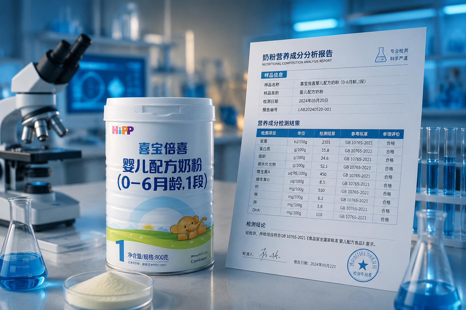 科学实验室背景，显微镜和各种烧杯，旁边放着一份奶粉营养成分分析报告，专业、严谨的医学测评风格，冷暖光对比。