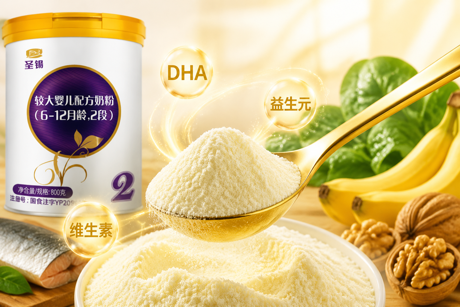 一把金色的奶粉勺舀起細(xì)膩的奶粉，旁邊配有核桃、深海魚、香蕉、綠葉蔬菜等食材作為點(diǎn)綴，象征著奶粉中豐富的DHA、益生元和維生素等天然營養(yǎng)來源。