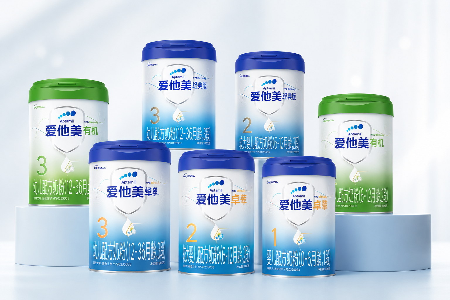 多个爱他美奶粉系列的家庭大合影概念图，包含不同颜色包装（如奇迹蓝罐、绿罐）和不同段数（1、2、3段）的奶粉罐，摆放错落有致，背景干净专业。