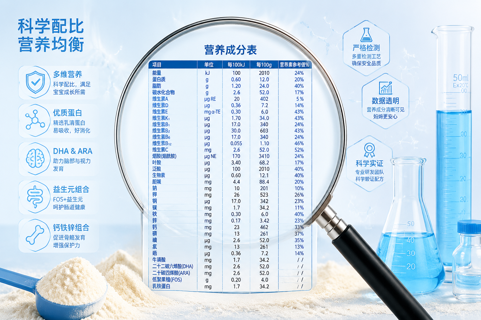 一张精美的营养数据可视化图表，背景带有淡淡的奶粉纹理，前景是放大镜看着密密麻麻的营养成分表，旁边有试管和量杯，体现出测评数据的严谨性和科学性。