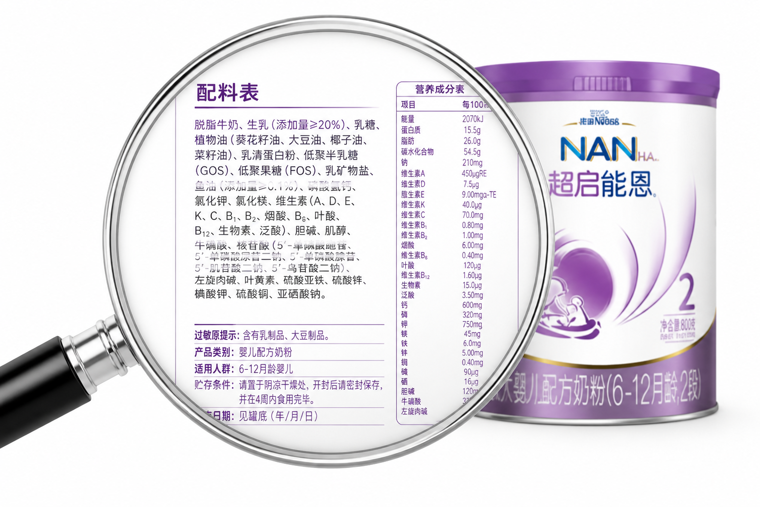 极简风格的医学放大镜聚焦在一张干净的奶粉配料表标签上，高对比度，白色背景，光线明亮，展现严谨、透明的食品成分审核概念。