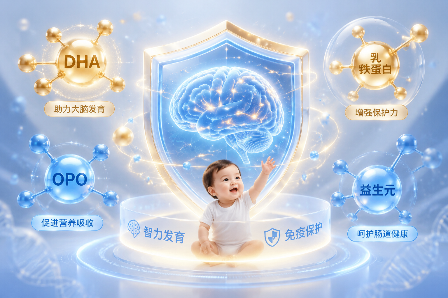 充满科技感与营养元素的3D插画，画面中心是一个发光的盾牌和大脑图标，周围环绕着代表DHA、OPO、乳铁蛋白和益生元的分子结构，色彩以柔和的蓝色和金色为主，象征宝宝的智力发育与免疫力保护。