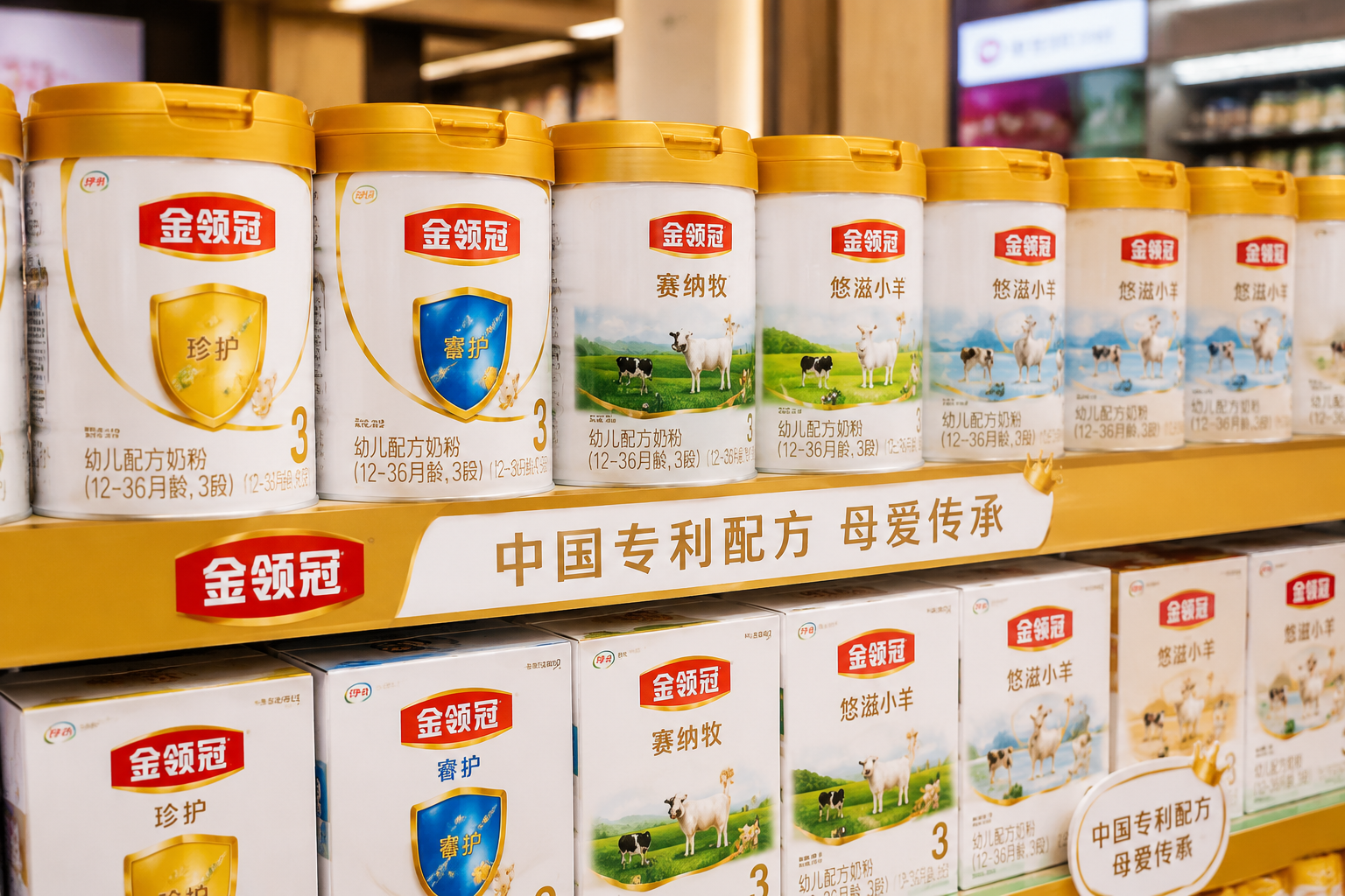 超市货架或高端母婴店陈列台，整齐排列着不同系列的伊利金领冠奶粉罐（珍护、睿护、赛纳牧等），景深效果，明亮清晰的商业摄影。