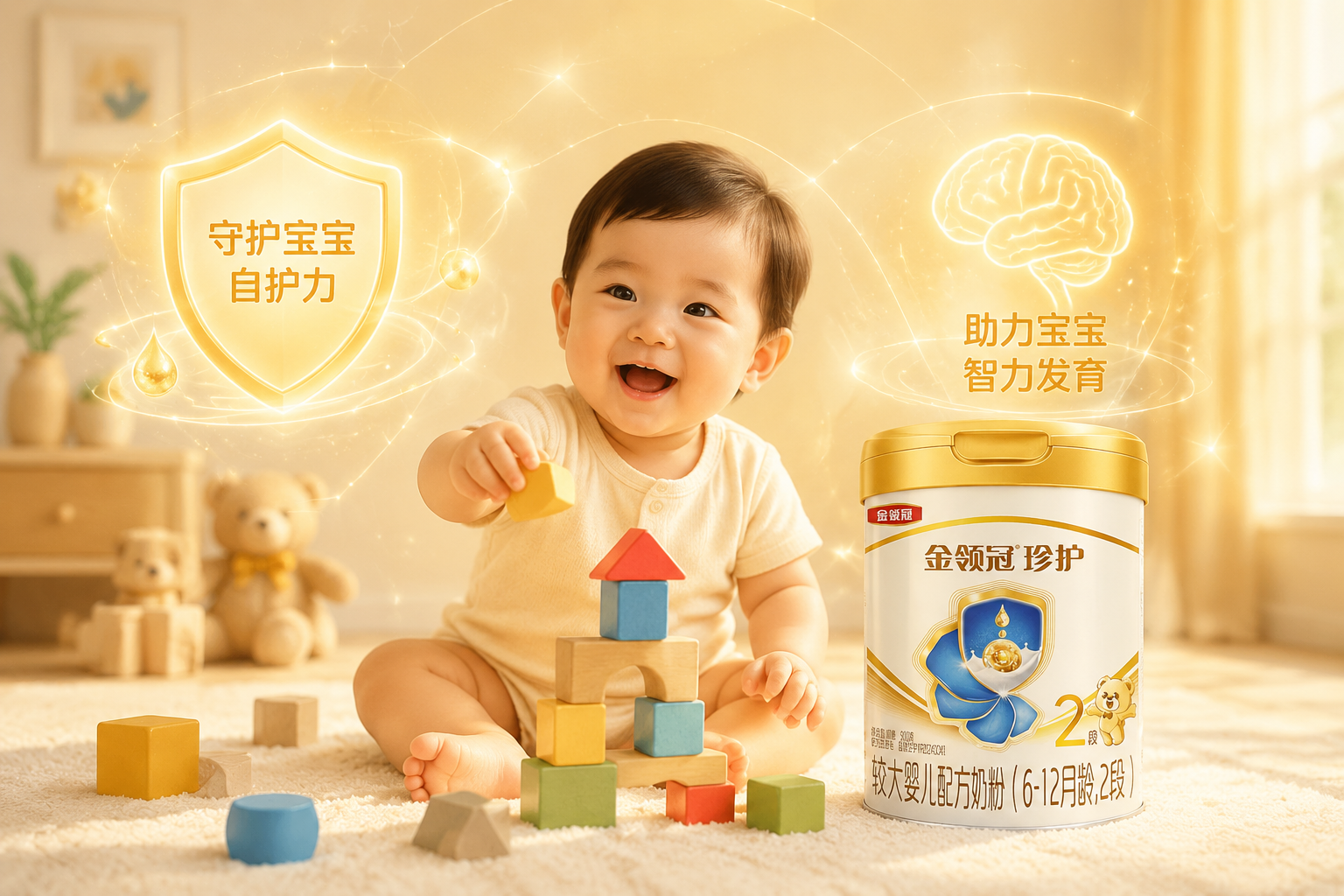 一个健康可爱的婴儿正在开心地玩耍益智积木，背景有发光的盾牌图标和大脑图标，象征着奶粉配方带来的免疫力保护和智力发育支持，画面充满母婴温馨感与科技呵护感，暖色调。