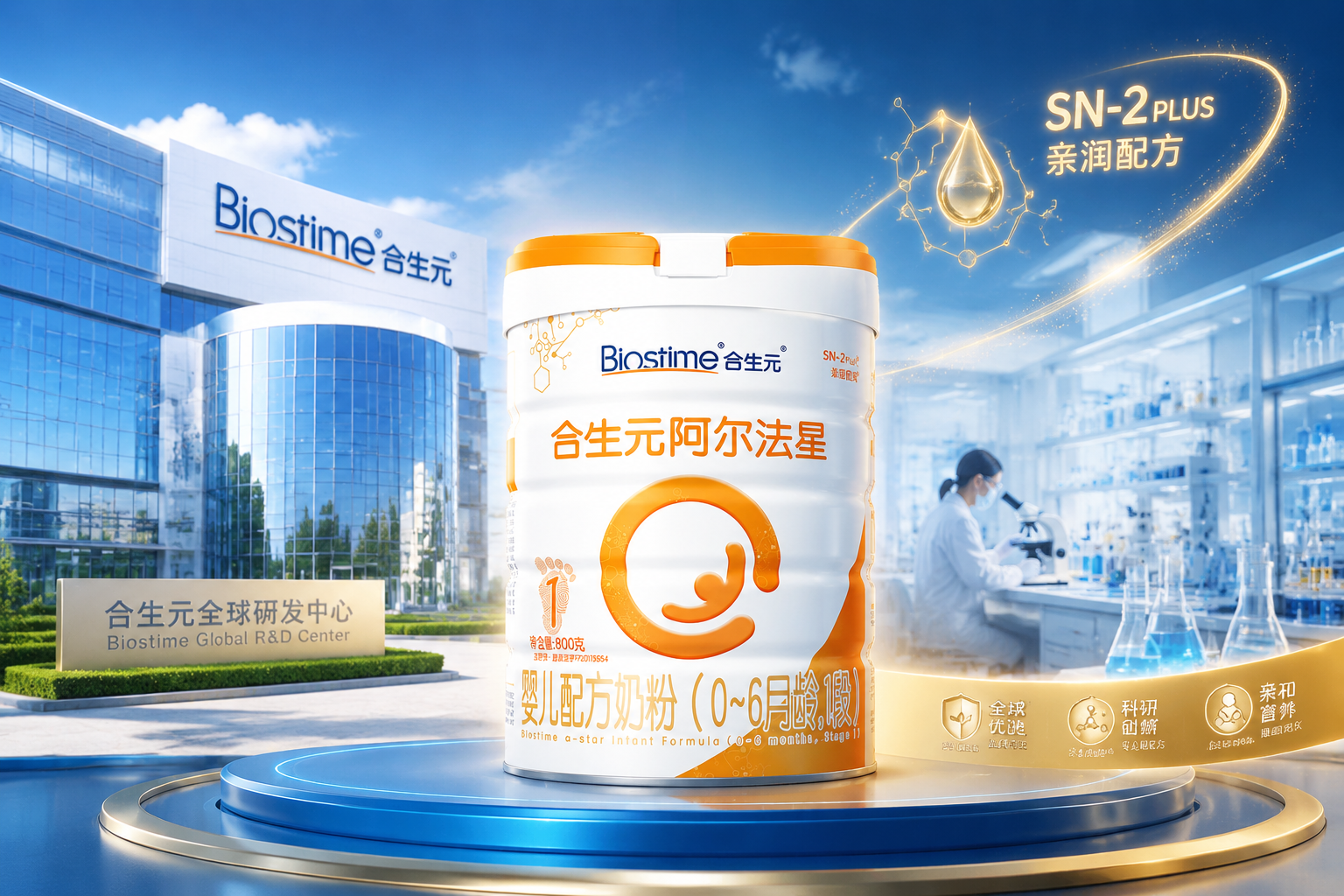 一张高端母婴品牌的宣传图，背景是现代化的企业大楼和研发实验室，前景放置着一罐合生元婴儿配方奶粉，整体色调为科技蓝与温暖的金色，展现专业、值得信赖的品牌形象，3D渲染，高质量。