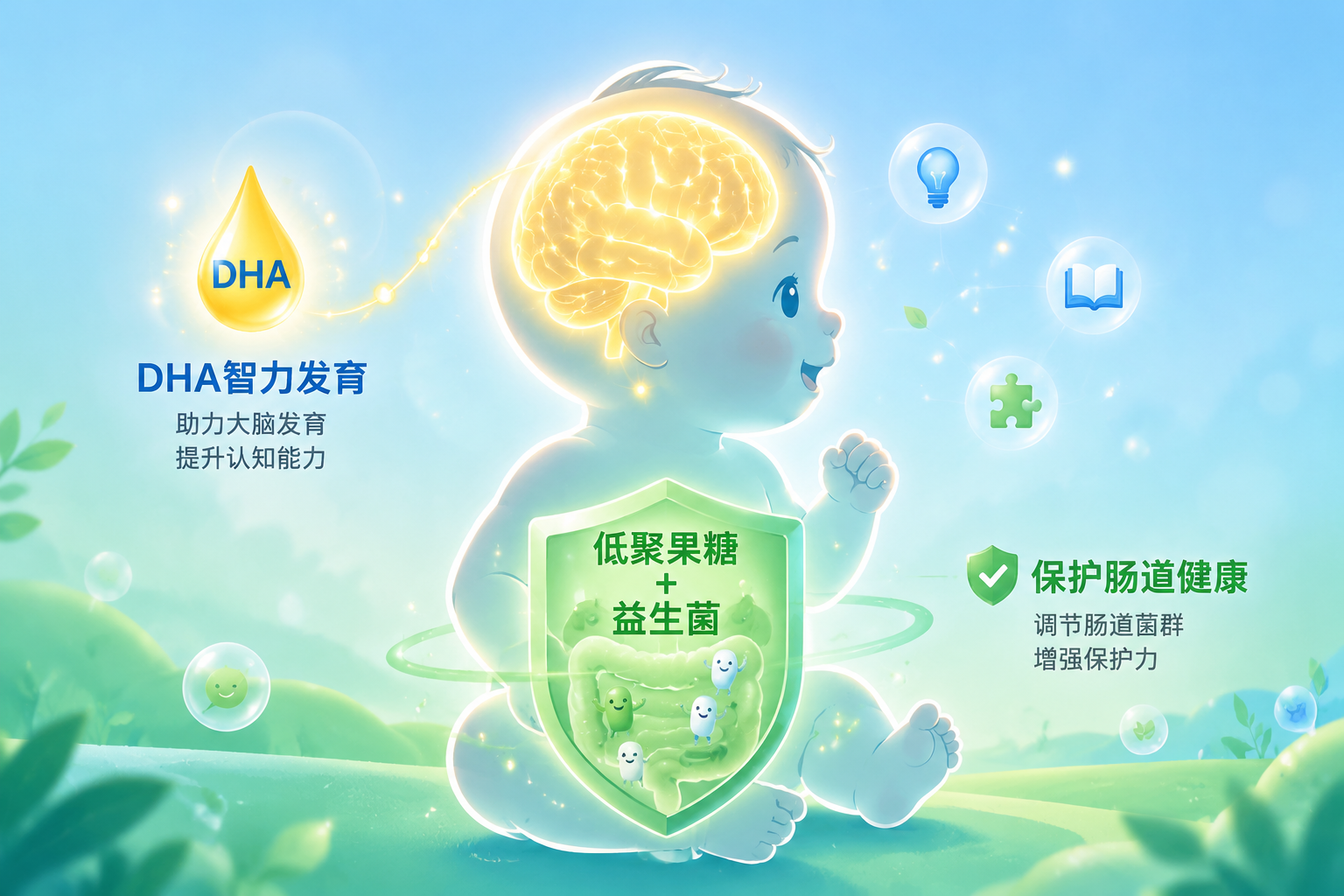 婴儿大脑发育和肠道健康概念插画，可爱的婴儿轮廓，头部发光代表DHA智力发育，腹部有绿色盾牌代表低聚果糖和益生菌保护肠道，温馨的蓝绿色调。