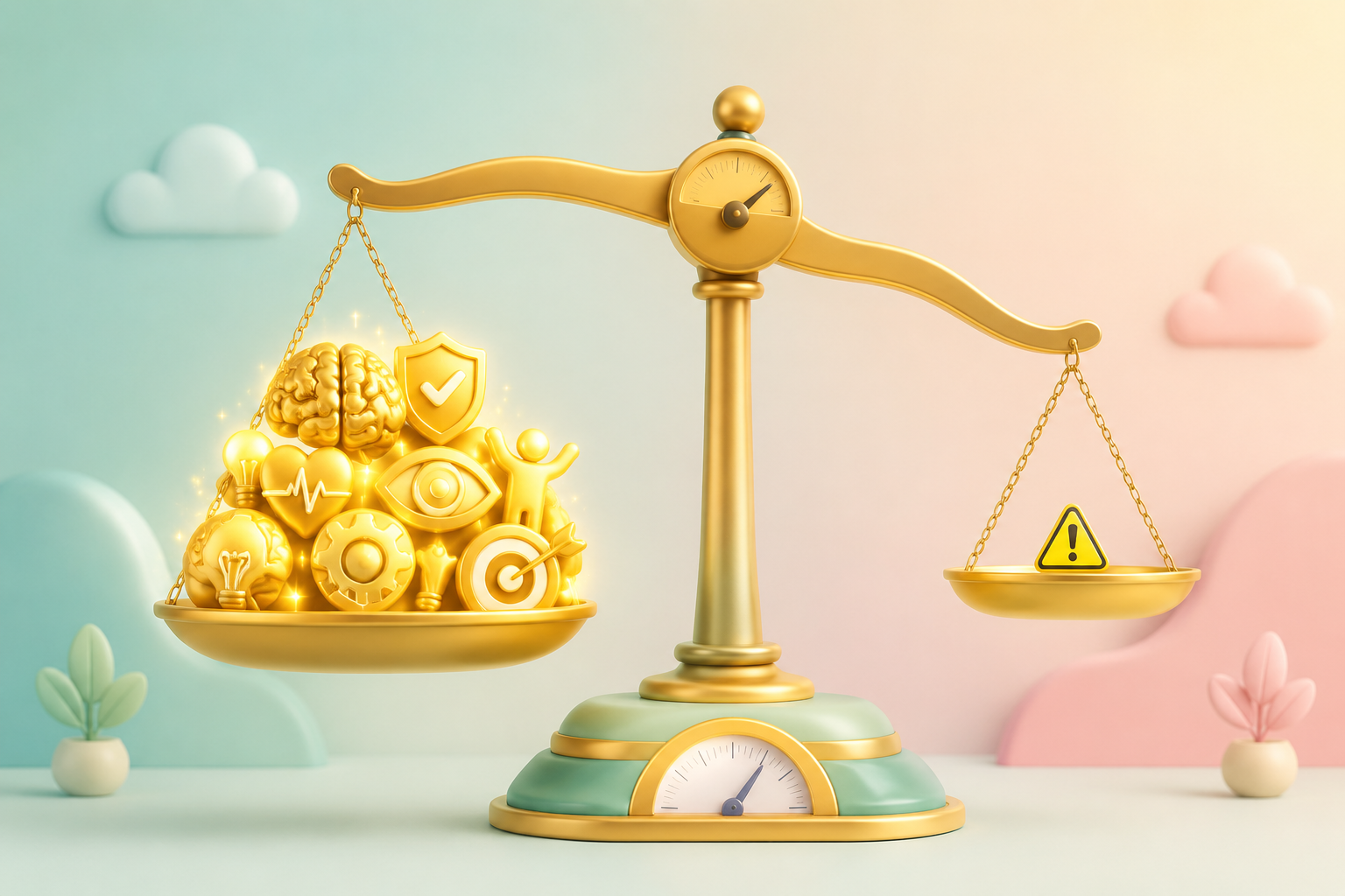 一个精美的天平概念图，左侧托盘上堆满了发光的金色图标（代表大脑、盾牌、眼睛等优点），右侧托盘上有一个微小的警告标志（代表缺点），背景是柔和的马卡龙色调，3D卡通风格，可爱且专业。