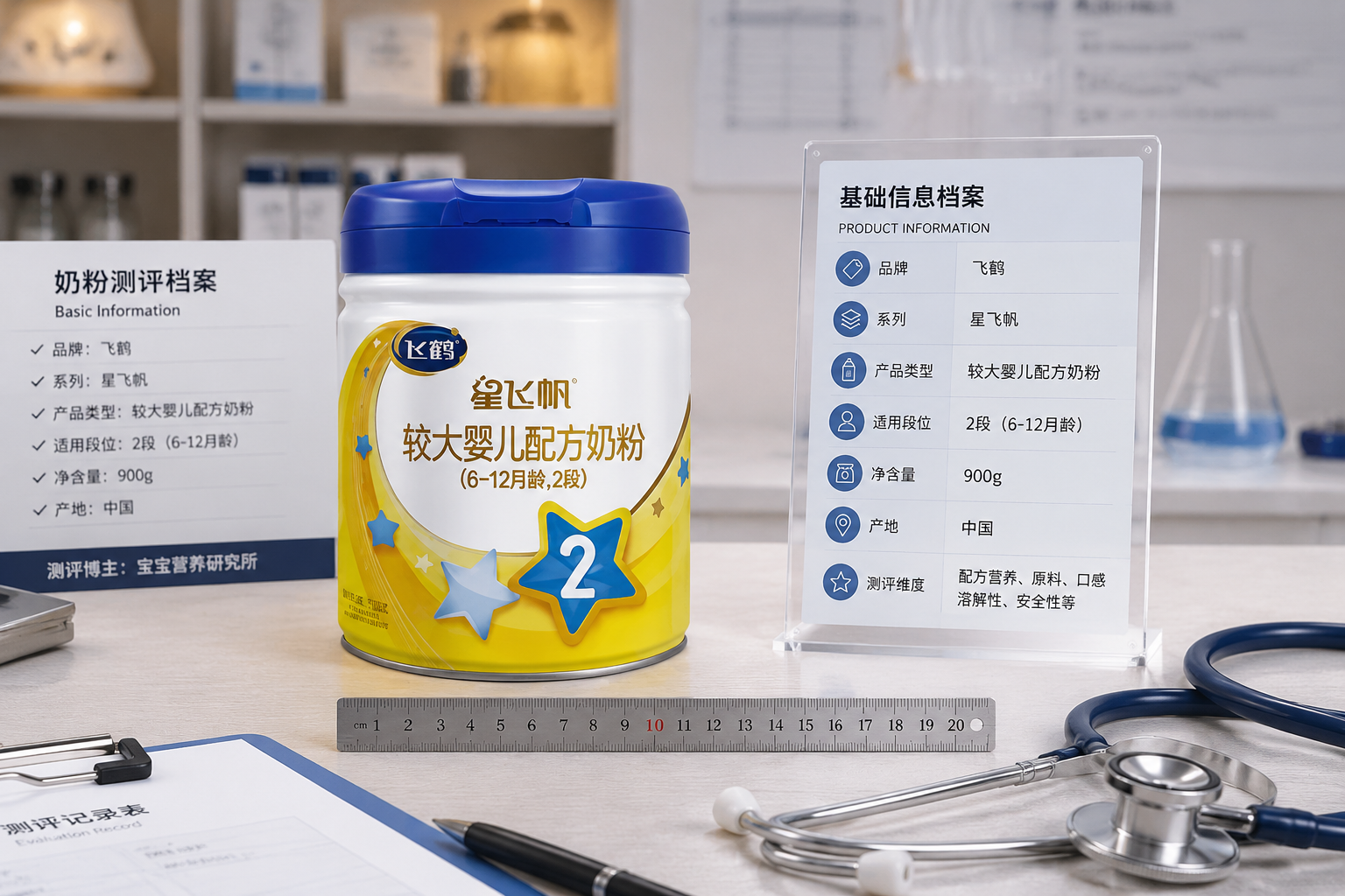 測評(píng)博主的專業(yè)桌面，放著一罐飛鶴星飛帆奶粉，旁邊有信息展示面板、量尺和聽診器，體現(xiàn)基礎(chǔ)信息檔案的嚴(yán)謹(jǐn)測評(píng)感，柔和頂光。