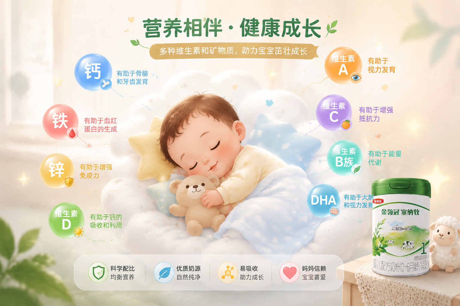 信息图表风格的插画，一个可爱的婴儿正在安睡，周围漂浮着各种代表维生素和矿物质的气泡（如钙、铁、锌、维生素A等），色彩柔和，充满母婴温馨感。
