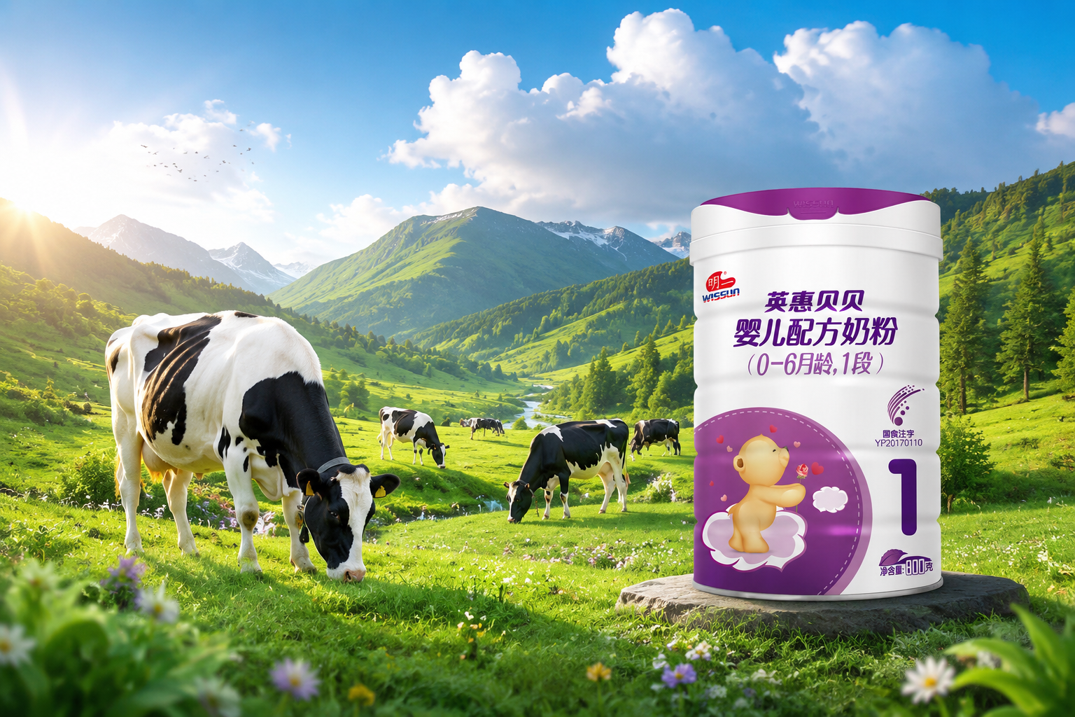 广阔美丽的绿色高山生态牧场，蓝天白云，健康的奶牛在吃草，清晨的阳光洒在草地上，画面清新自然，充满生机，广告级质感。
