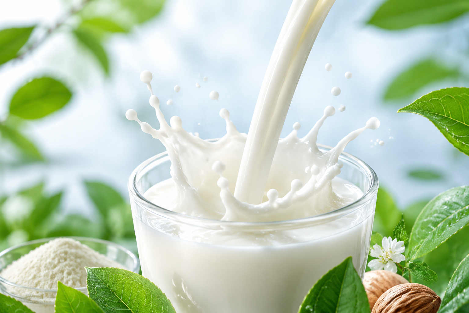 純凈的生牛乳傾倒在玻璃杯中濺起水花的特寫鏡頭，周圍點綴著新鮮的綠葉和天然提取物的元素，畫面干凈通透，傳達奶粉配料天然、純正、無多余添加的安心感。