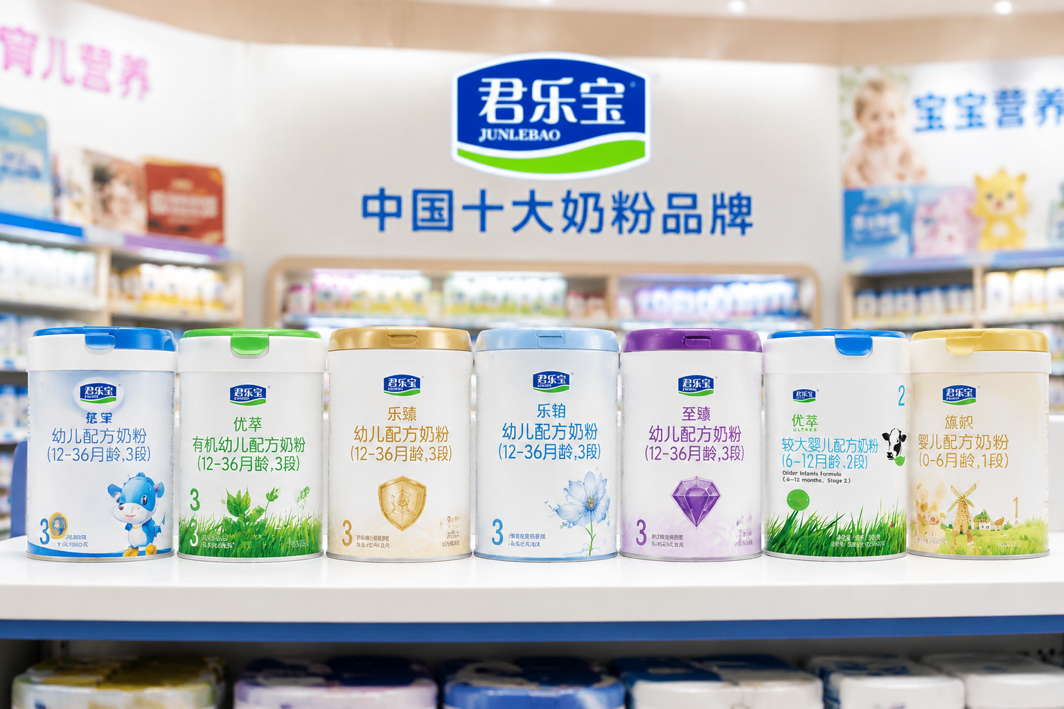 一排排列整齊的君樂寶家族系列奶粉罐，包括不同段數(shù)和系列，放置在明亮的母嬰商店貨架上，背景虛化，突出產(chǎn)品的豐富矩陣和國民大品牌氣場。