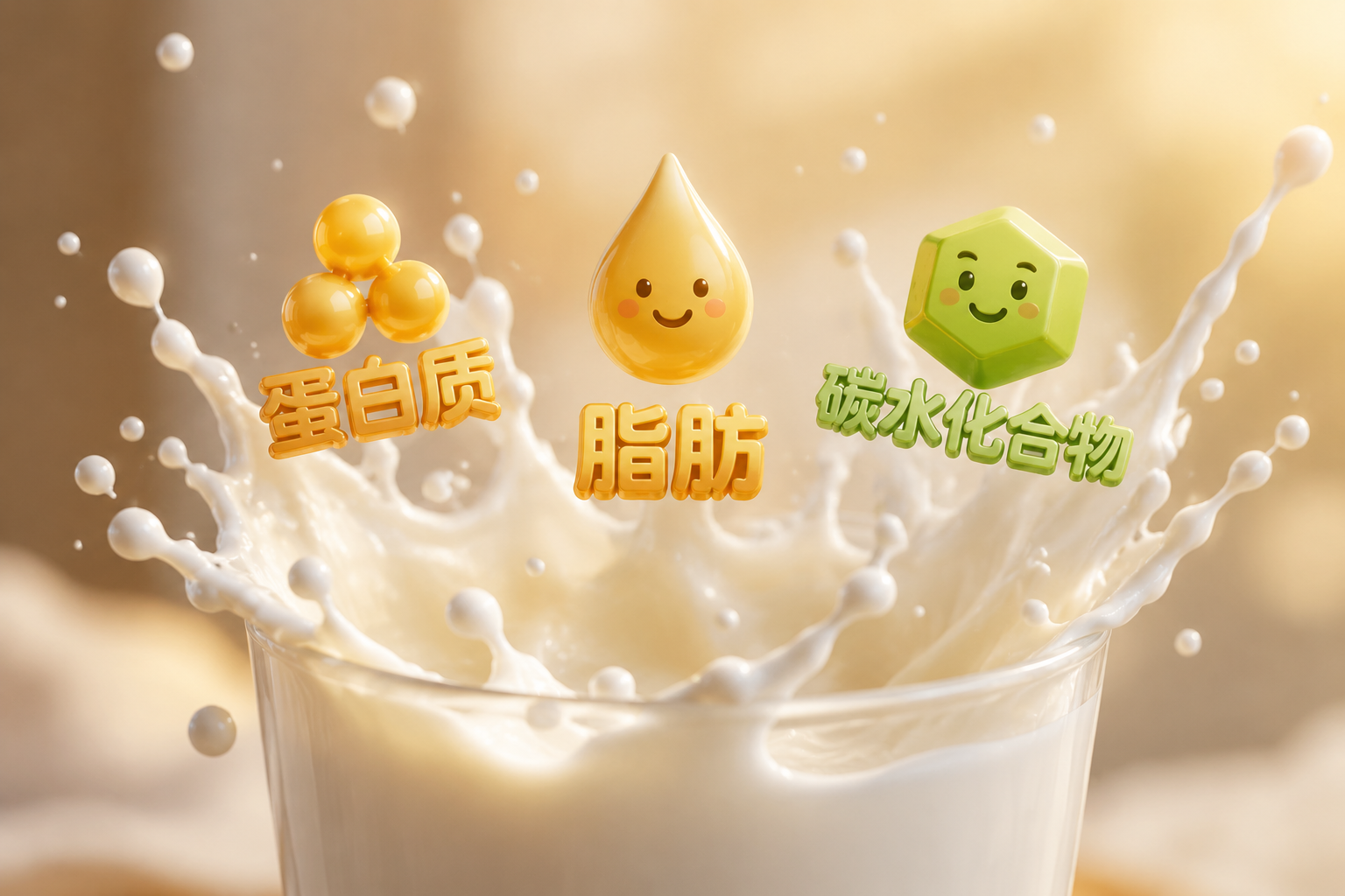 微距摄影,一杯浓郁的牛奶中溅起完美的水花,水花中漂浮着代表“蛋白质”、“脂肪”、“碳水化合物”的立体文字或可爱图标,灯光柔和,色调温暖,展现基础营养的充足与活力。