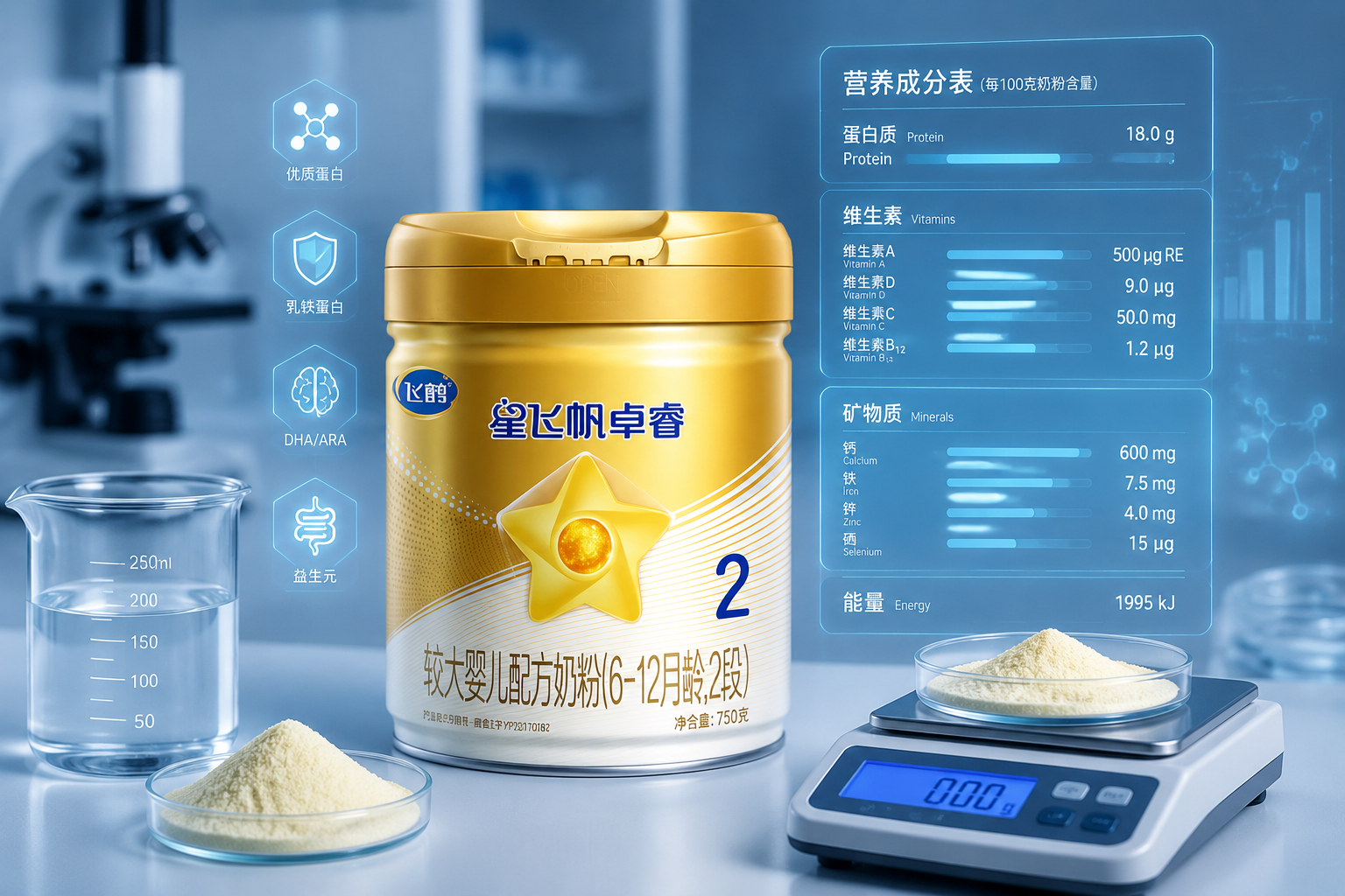 實(shí)驗(yàn)室風(fēng)格的精美信息圖表化攝影，奶粉罐旁擺放著量杯、精密天平和營(yíng)養(yǎng)成分?jǐn)?shù)據(jù)投影面板，清晰展示蛋白質(zhì)、維生素和礦物質(zhì)的豐富含量，冷色調(diào)，專業(yè)嚴(yán)謹(jǐn)?shù)姆諊?k。