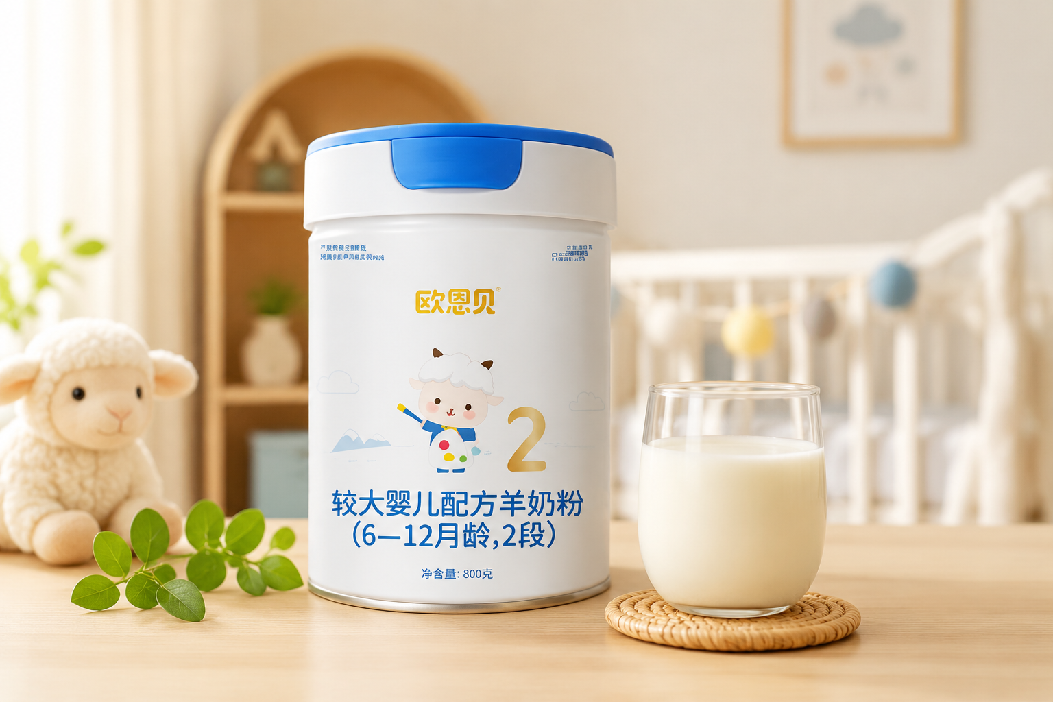 一罐歐恩貝羊奶粉2段的高清產(chǎn)品攝影圖，放置在溫馨的木質(zhì)桌面上，旁邊有少許新鮮的綠葉和一杯沖泡好的純白羊奶，背景是柔和的暖色調(diào)嬰兒房環(huán)境，專業(yè)影棚光線，景深效果，體現(xiàn)高品質(zhì)與安心感。