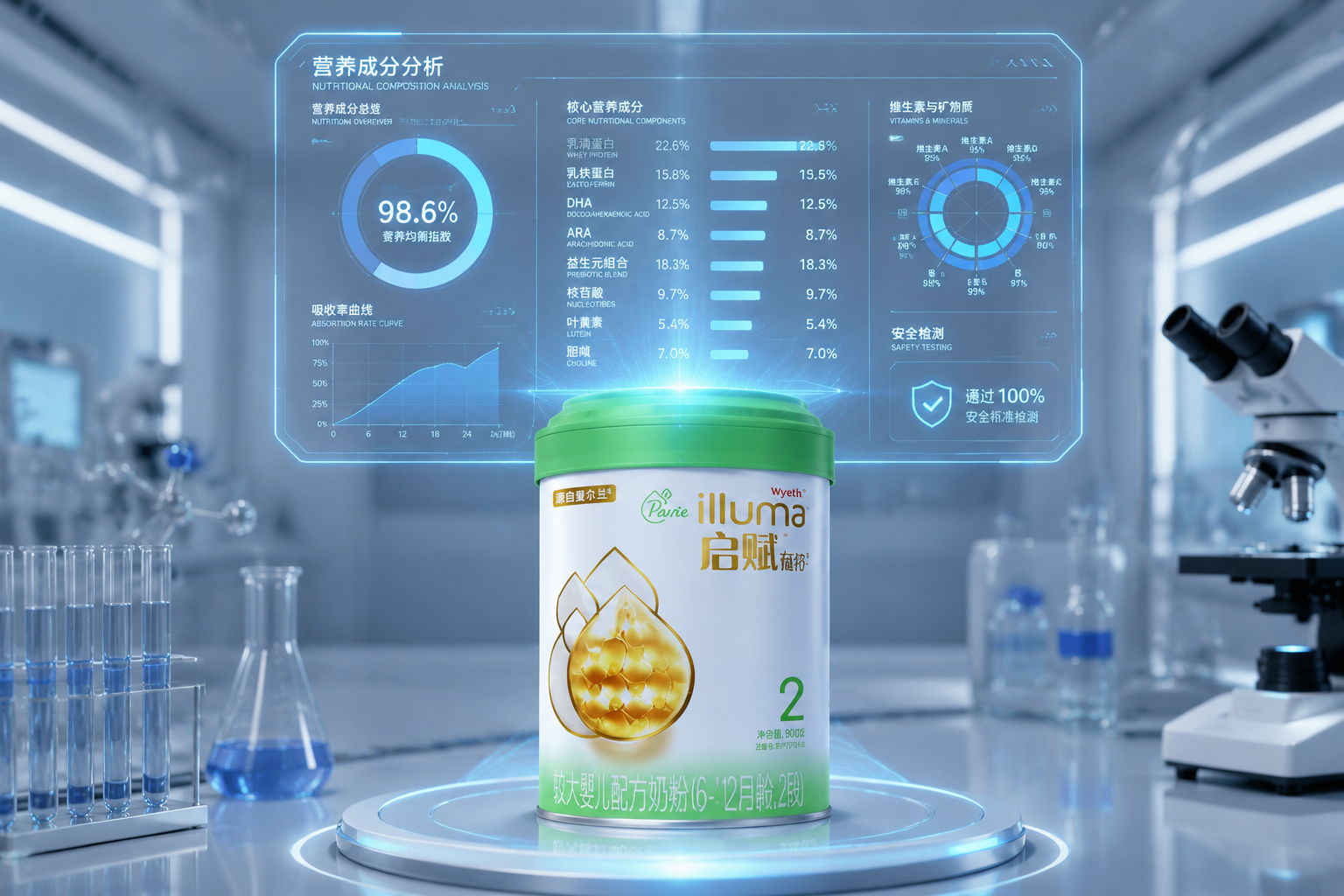 一個(gè)充滿未來科技感的全息數(shù)據(jù)圖表懸浮在嬰兒配方奶粉罐的上方，清晰展示著各類營養(yǎng)成分的百分比，實(shí)驗(yàn)室的明亮冷光源照射，整體呈現(xiàn)出高度專業(yè)、精準(zhǔn)且嚴(yán)謹(jǐn)?shù)姆治鰷y評視覺風(fēng)格。