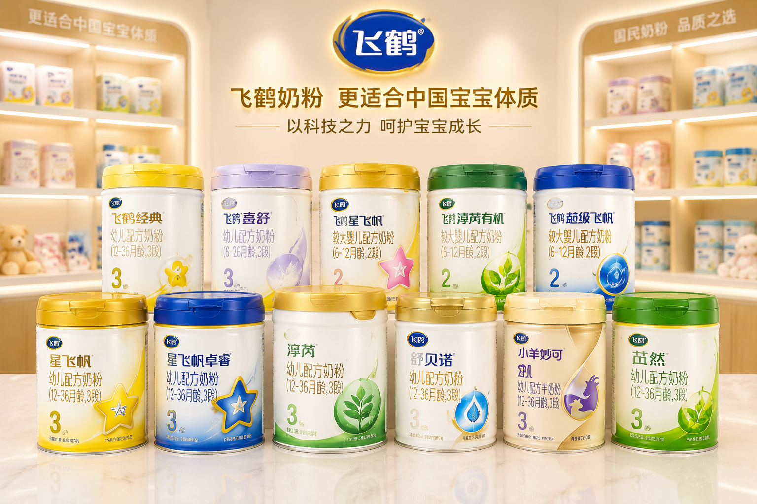 一张飞鹤奶粉家族系列全家福。画面中错落有致地摆放着飞鹤旗下的多款奶粉罐（包括星飞帆、淳芮有机、小羊妙可等），背景是温馨的母婴店货架或明亮的展示台，展现品牌丰富的产品线和国民奶粉的实力。