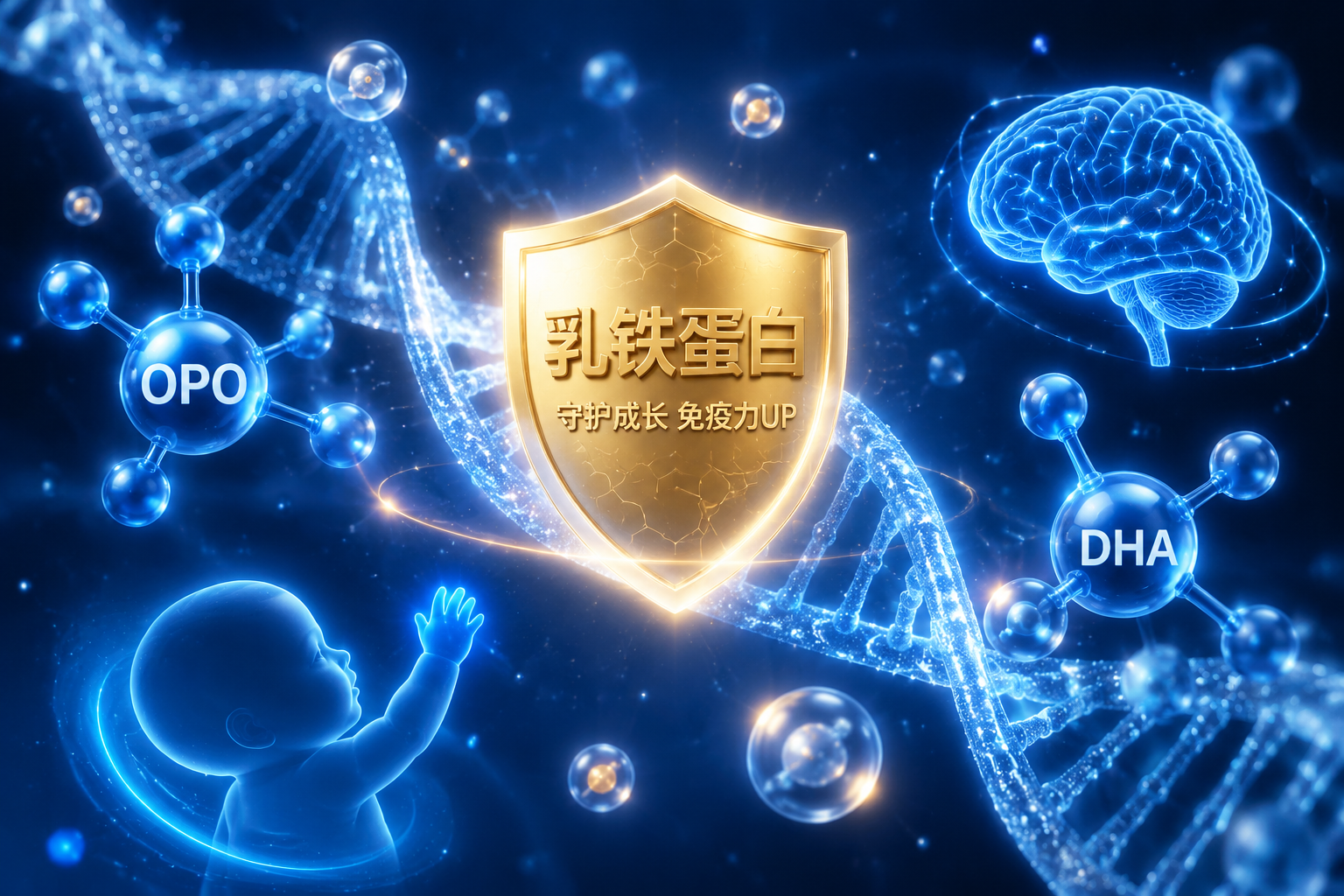 充满科技感的微观世界，发光的DNA螺旋结构、代表乳铁蛋白的金色护盾图标、代表OPO和DHA的蓝色分子结构在画面中漂浮，背景是深邃的蓝色，象征着科学配方与宝宝免疫力、智力的提升，3D渲染，精细入微。