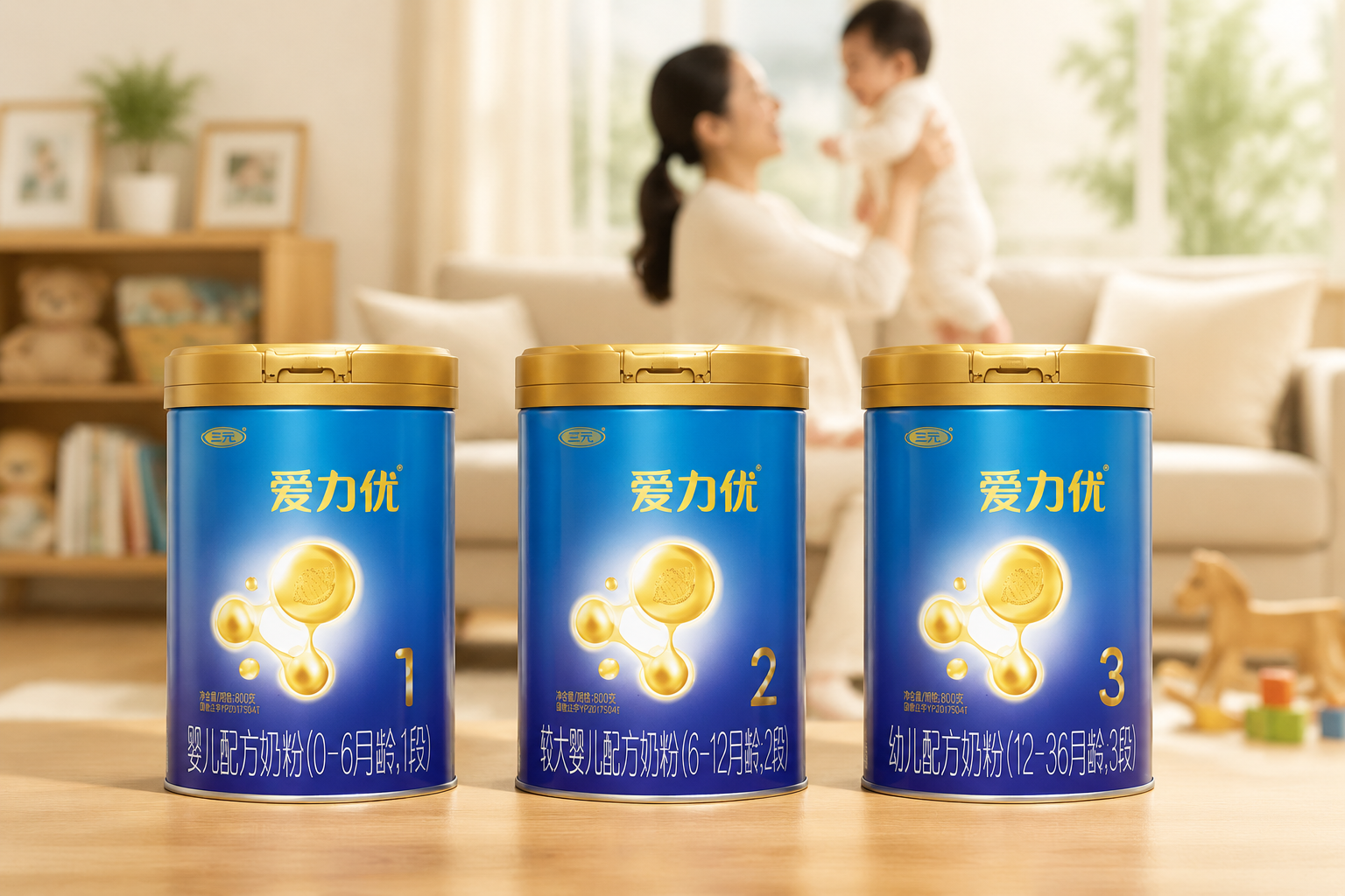 三罐不同段数的三元蓝标爱力优奶粉（1段、2段、3段）整齐地排列在木质桌面上，背景是虚化的温馨家庭环境，展现产品线的完整与陪伴宝宝成长的概念。