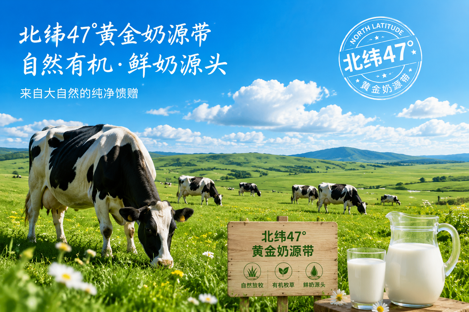 广阔无垠的中国北方大草原，北纬47度黄金奶源带，蓝天白云下，健康的黑白花奶牛在吃着有机牧草。画面清新自然，阳光明媚，充满生机与活力，强调“鲜奶”与“自然有机”的源头。