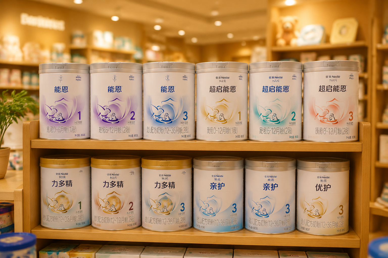 木质货架上整齐排列着不同段数和系列的雀巢奶粉罐（包括1段、2段、3段，以及超启能恩、力多精等），背景带有柔和的母婴店暖光，景深效果，画面温馨且富有秩序感。
