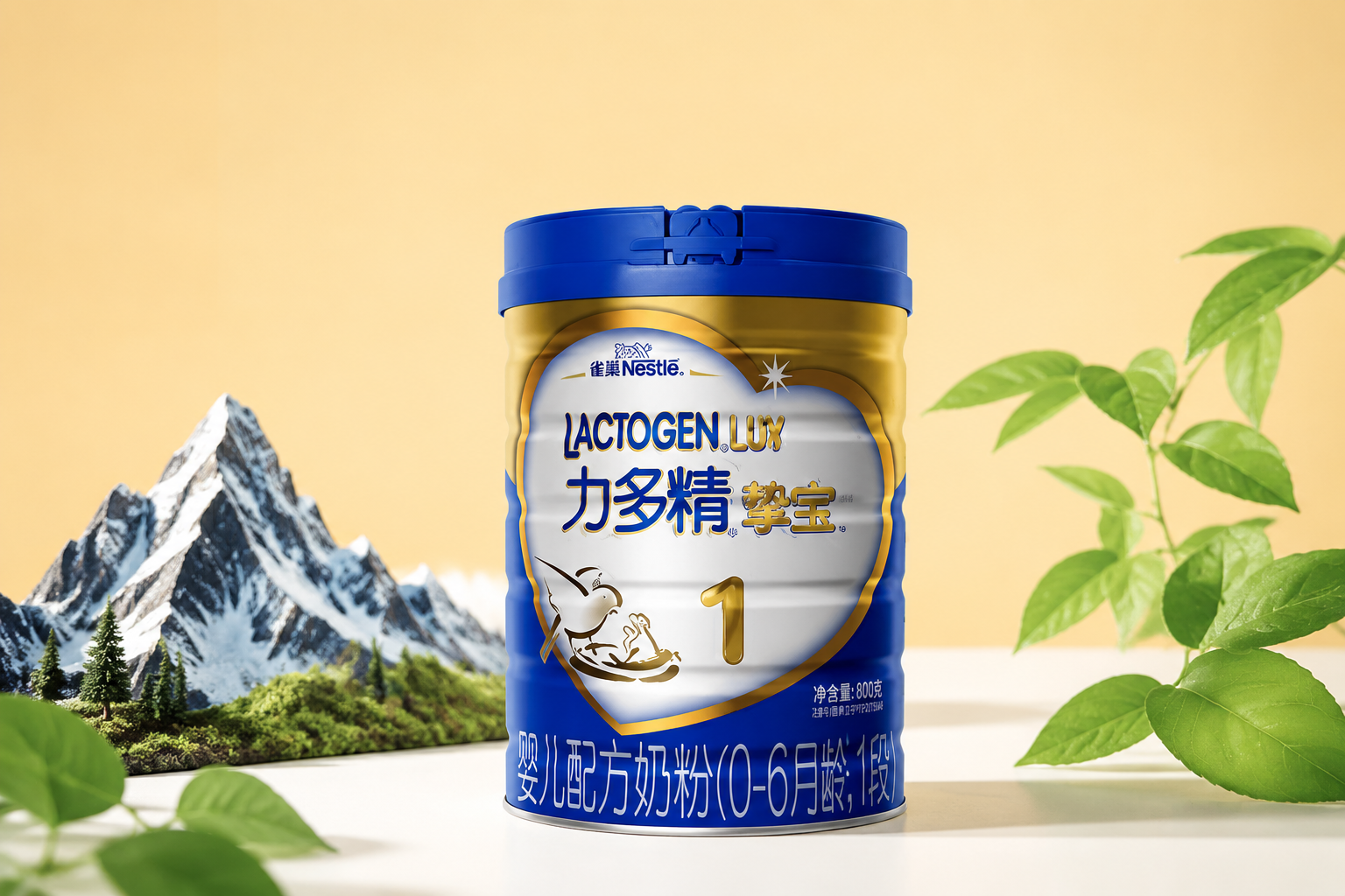 商业摄影风格，一罐雀巢力多精挚宝奶粉置于干净明亮的纯色背景中，旁边点缀一些绿叶和瑞士雪山的微缩模型，光线柔和，突出高端品质感，8k分辨率。