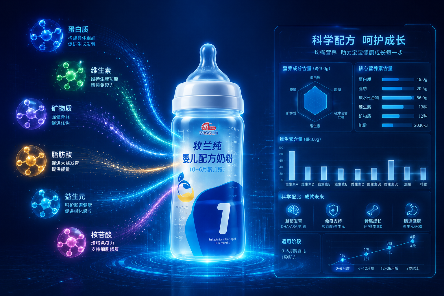 科技感信息图表风格，深蓝色背景，发光的分子结构代表各种营养素（如蛋白质、维生素、矿物质）汇聚到一个透明的婴儿奶瓶中，旁边有数据图表的虚拟投影，展现科学配方。