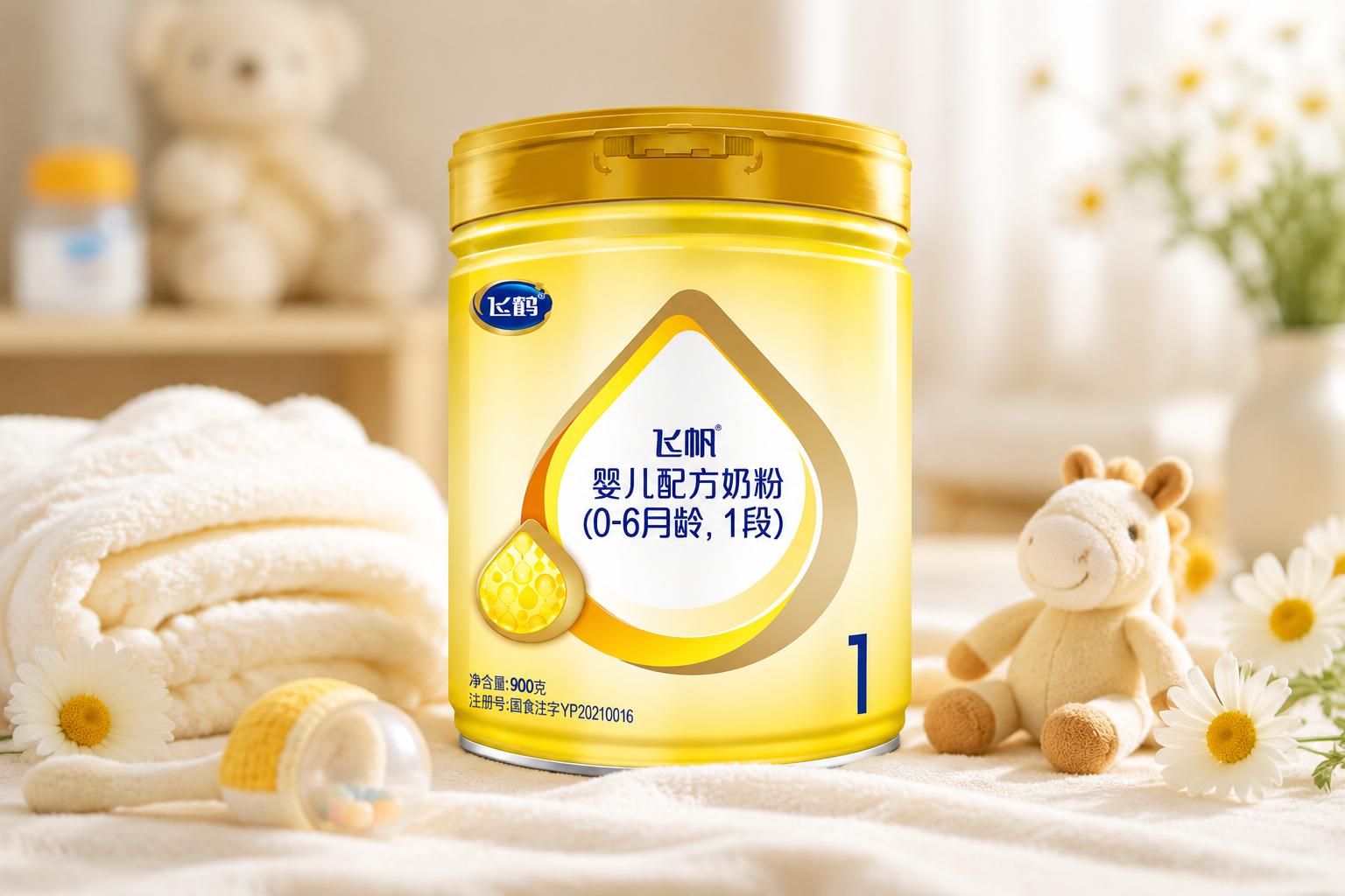 一罐飞鹤飞帆奶粉1段的高清产品图,放置在温馨的母婴摄影棚环境中,周围有柔软的纯棉毛巾、可爱的婴儿安抚玩具和几朵清新的洋甘菊。背景柔和虚化,突出奶粉罐的质感和品牌Logo,光线明亮温暖,展现专业与安心的氛围。
