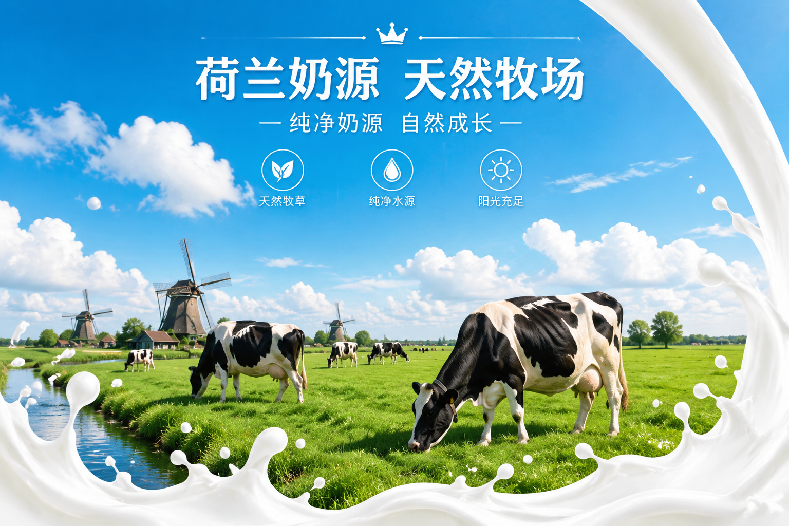 一幅生機(jī)盎然的荷蘭天然牧場風(fēng)光圖。藍(lán)天白云下，一望無際的綠色草地上，幾頭健康的黑白花奶牛正在悠閑地吃草。畫面邊緣配有新鮮牛奶傾倒而下的飛濺水花效果。重點(diǎn)突出“荷蘭奶源”和“天然牧場”的純凈感，畫面明亮、充滿自然生機(jī)。