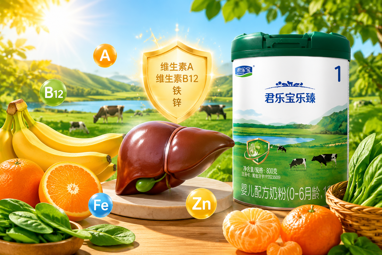 新鲜的蔬菜、水果（如香蕉、柑橘、菠菜）、动物肝脏模型以及阳光元素的艺术组合，色彩丰富鲜艳，代表丰富的维生素和矿物质，画面干净明亮，充满健康活力。