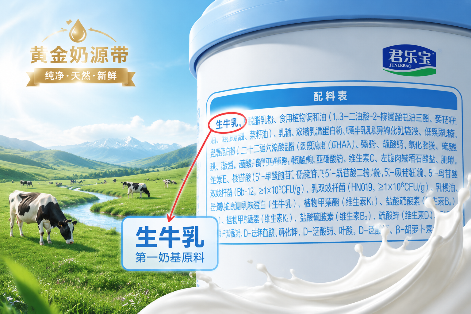 奶粉配料表特寫，放大顯示第一奶基原料“生牛乳”字樣，背景融合清晰的綠色天然牧場，體現(xiàn)黃金奶源帶的純凈與新鮮。
