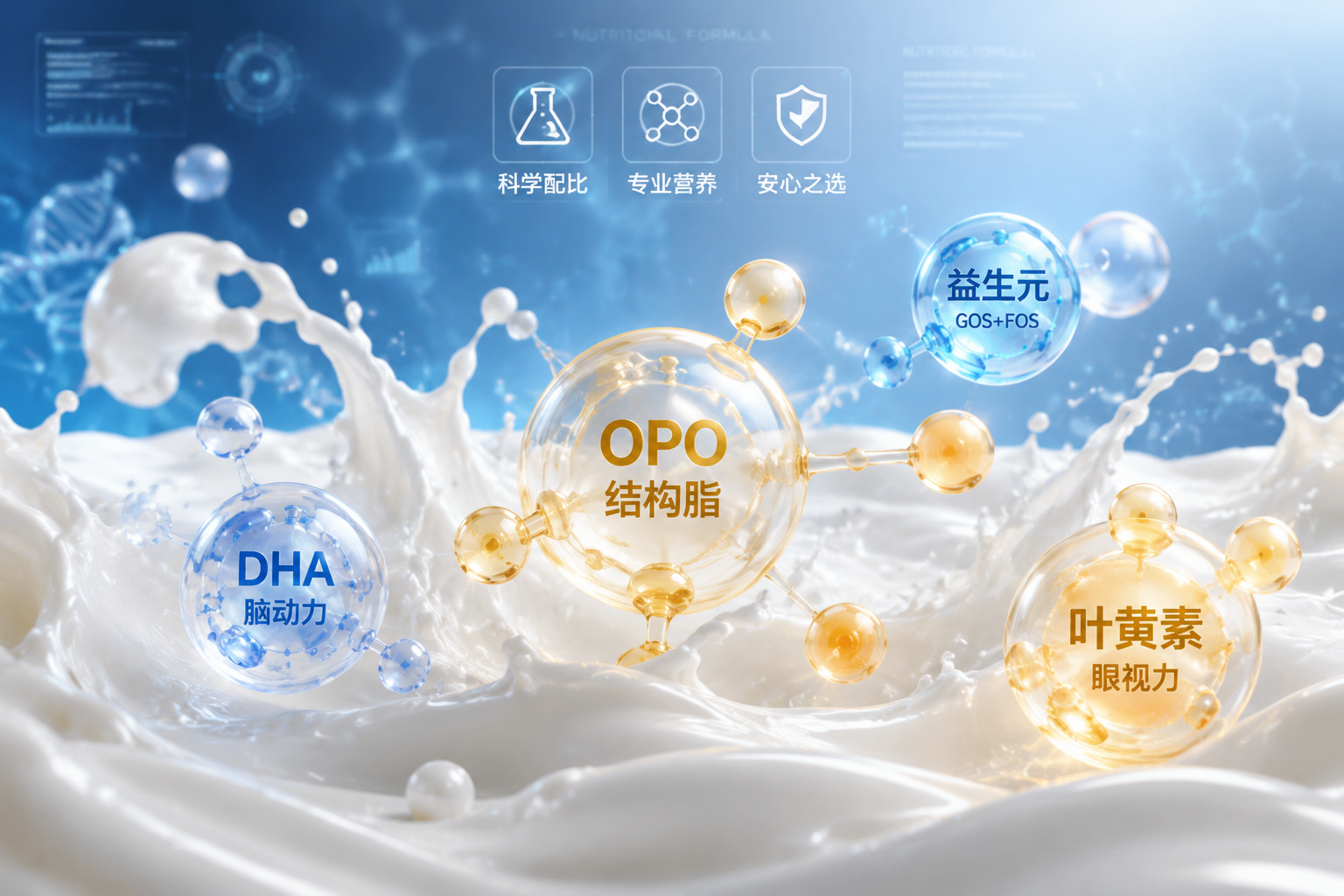 3D微观营养分子结构图，展示OPO结构脂、益生元、DHA、叶黄素等元素的抽象发光球体悬浮在纯净的牛奶波浪中，背景科技感十足，体现配方的专业性，高质量渲染。