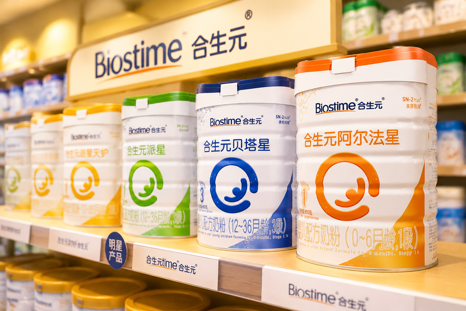 母婴店货架的特写镜头，整齐排列着合生元品牌的多个系列奶粉罐，包括派星、贝塔星、阿尔法星等，景深效果，背景略微模糊，突出品牌家族的丰富产品线，暖色调灯光。