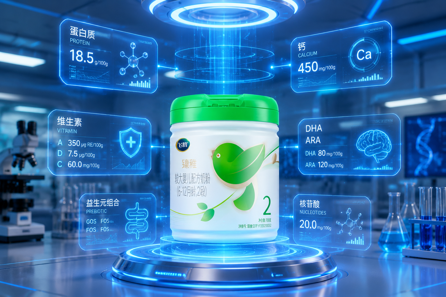 3D渲染风格，充满科技感的实验室环境，半空中悬浮着发光的营养元素数据面板（如蛋白质、钙、维生素、DHA等），下方是一罐飞鹤臻稚奶粉，展现科学配方与精准营养数据的完美结合，蓝色科技光效。