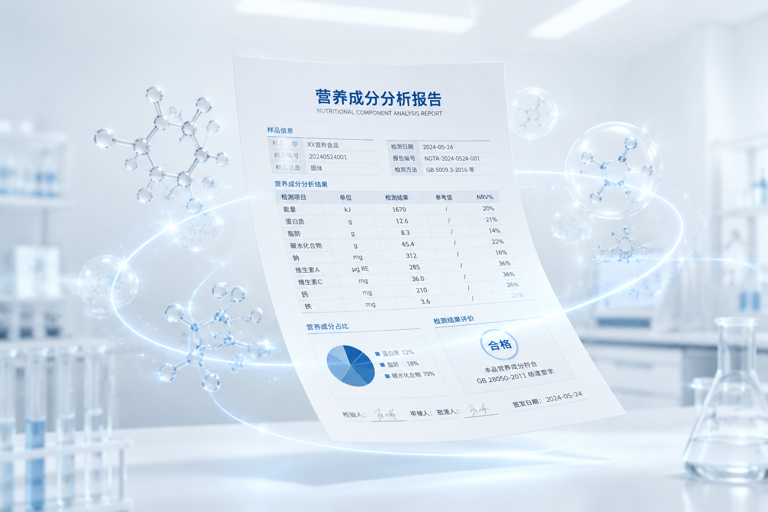 營養(yǎng)成分分析概念圖，一張精致的紙質(zhì)報告單懸浮在空中，周圍環(huán)繞著分子結(jié)構(gòu)圖和光效，背景是極簡的實驗室或白色純凈背景，體現(xiàn)科學(xué)、精準(zhǔn)、嚴(yán)謹(jǐn)?shù)臏y評基調(diào)。
