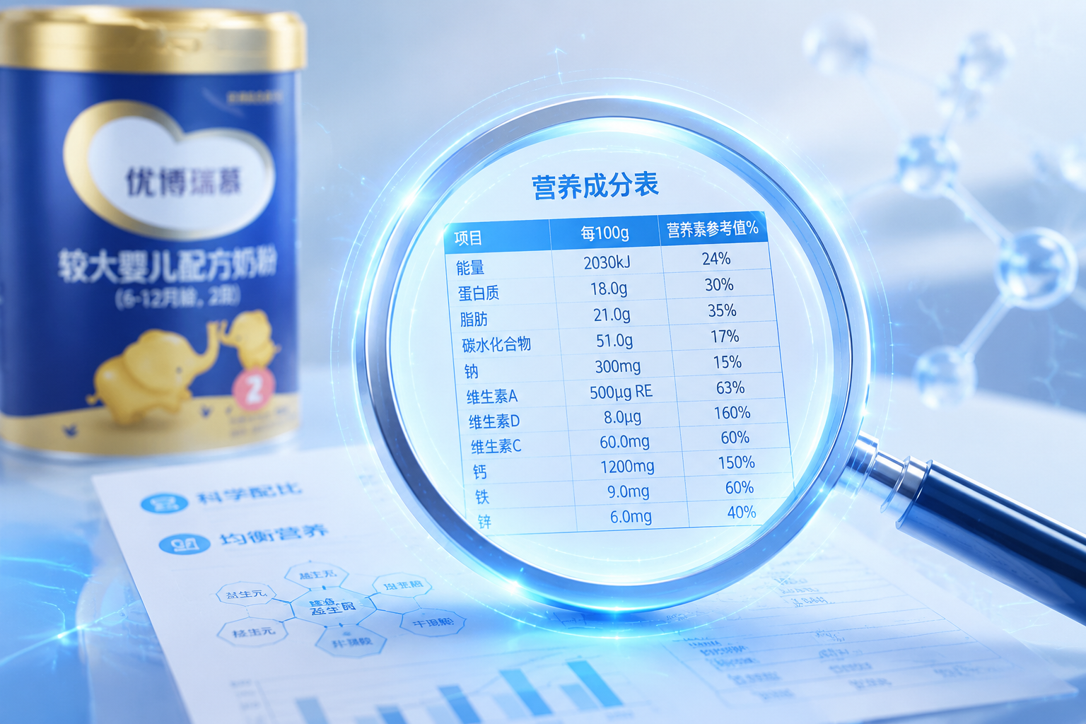 營養(yǎng)成分表概念圖，一個發(fā)光的放大鏡正在查看一份詳盡的數(shù)據(jù)表格，背景虛化處理，整體色調(diào)為科技藍(lán)與純凈白，象征著嚴(yán)謹(jǐn)?shù)哪谭蹟?shù)據(jù)測評和科學(xué)配比。