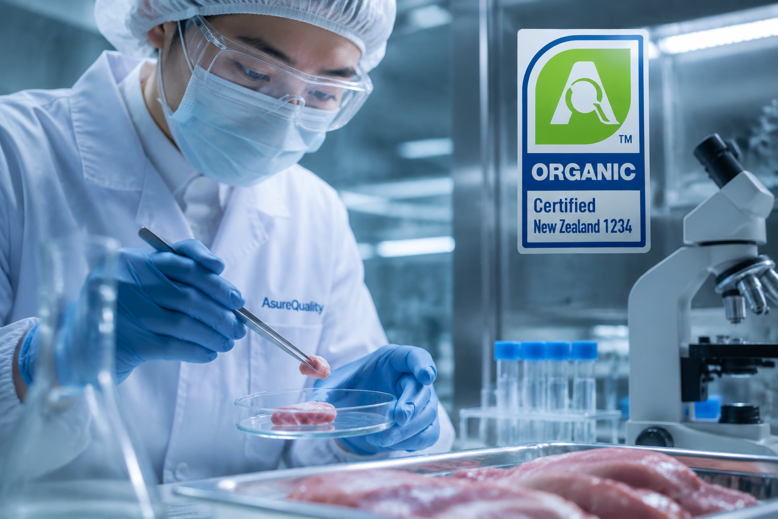 质检人员在现代化无菌实验室中进行食品安全检测的场景，旁边悬挂着AsureQuality认证的标志，传达出安全、严谨、可追溯的国际最高食品安全标准氛围，微距特写，冷色调科技感。