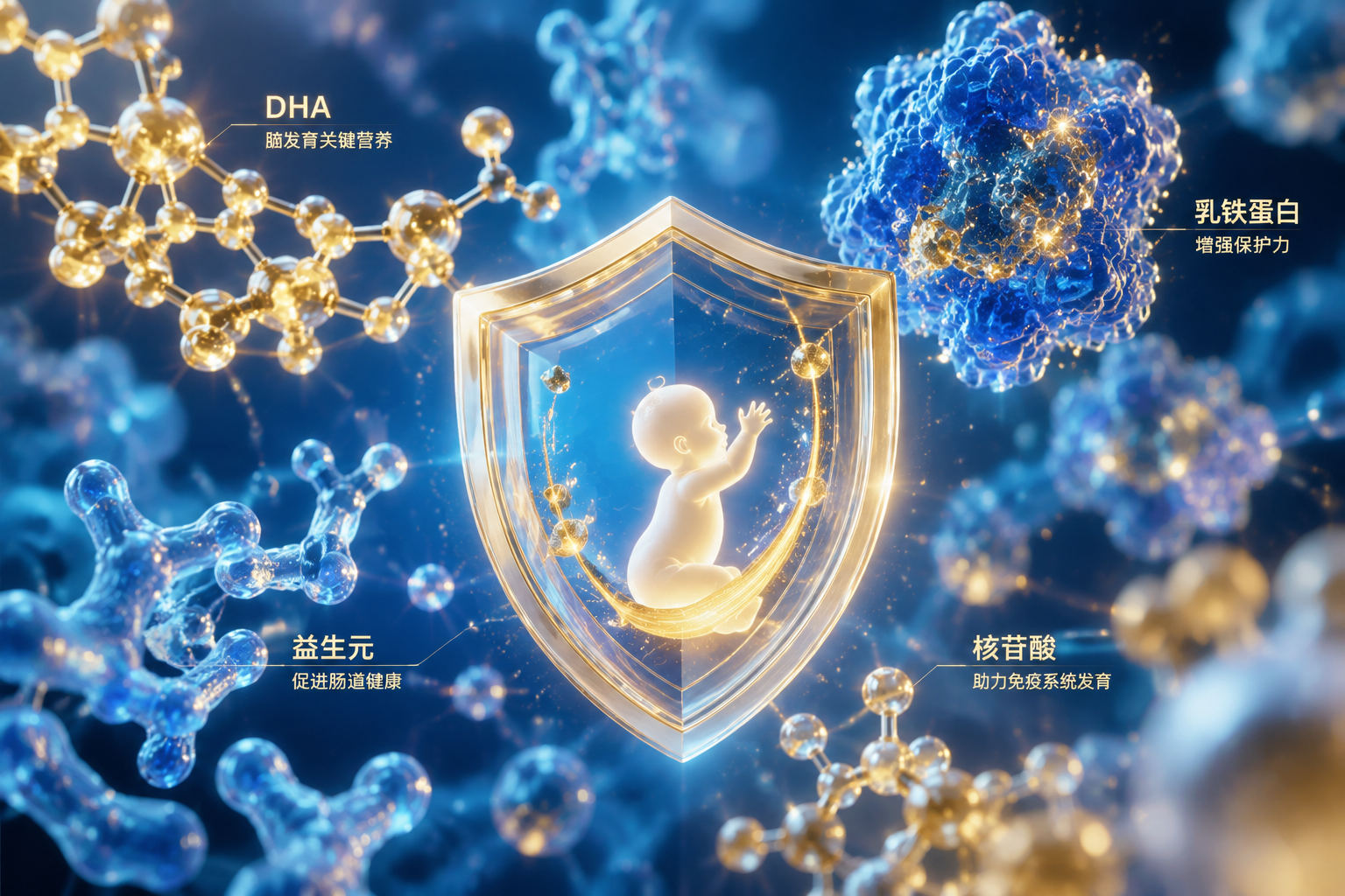显微镜下的营养分子结构图，展示DHA、乳铁蛋白、益生元等营养成分的3D发光模型，围绕着一个代表婴儿健康的盾牌图标，科技感与生命力结合，蓝色和金色主色调，微距摄影风格。