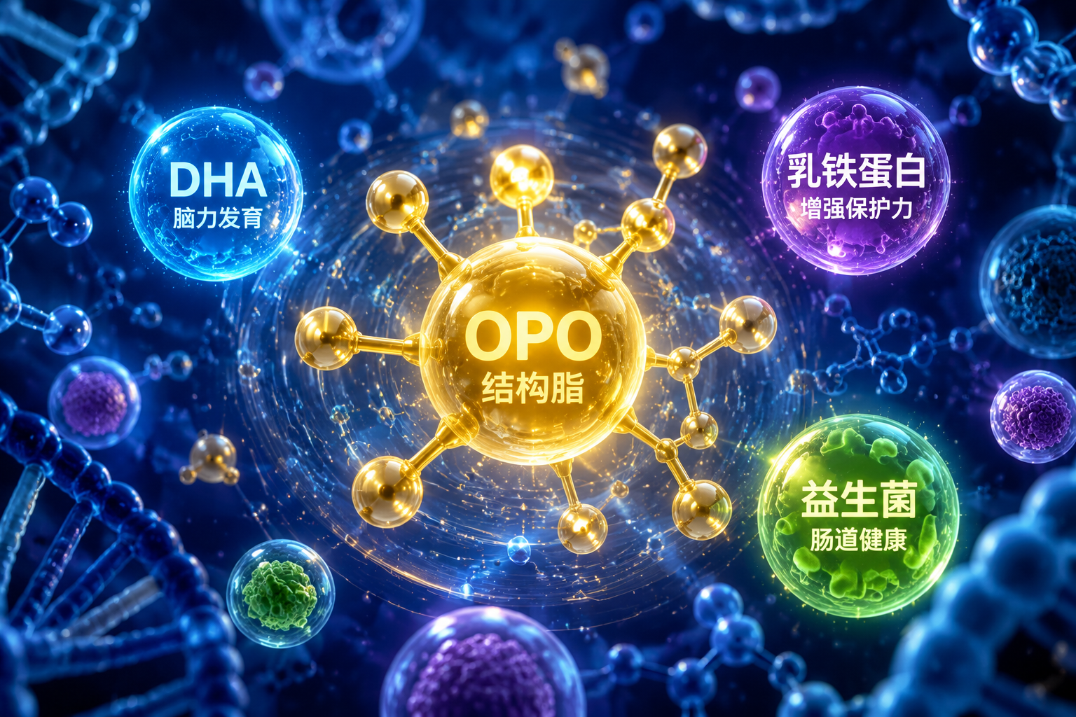 3D微观视角下的营养分子结构图，画面中心是一个发光的金色OPO结构脂分子，周围环绕着代表DHA、乳铁蛋白、益生菌的彩色发光小球，背景是深邃的蓝色，充满科技感和生命力，象征着丰富的奶粉营养配方。