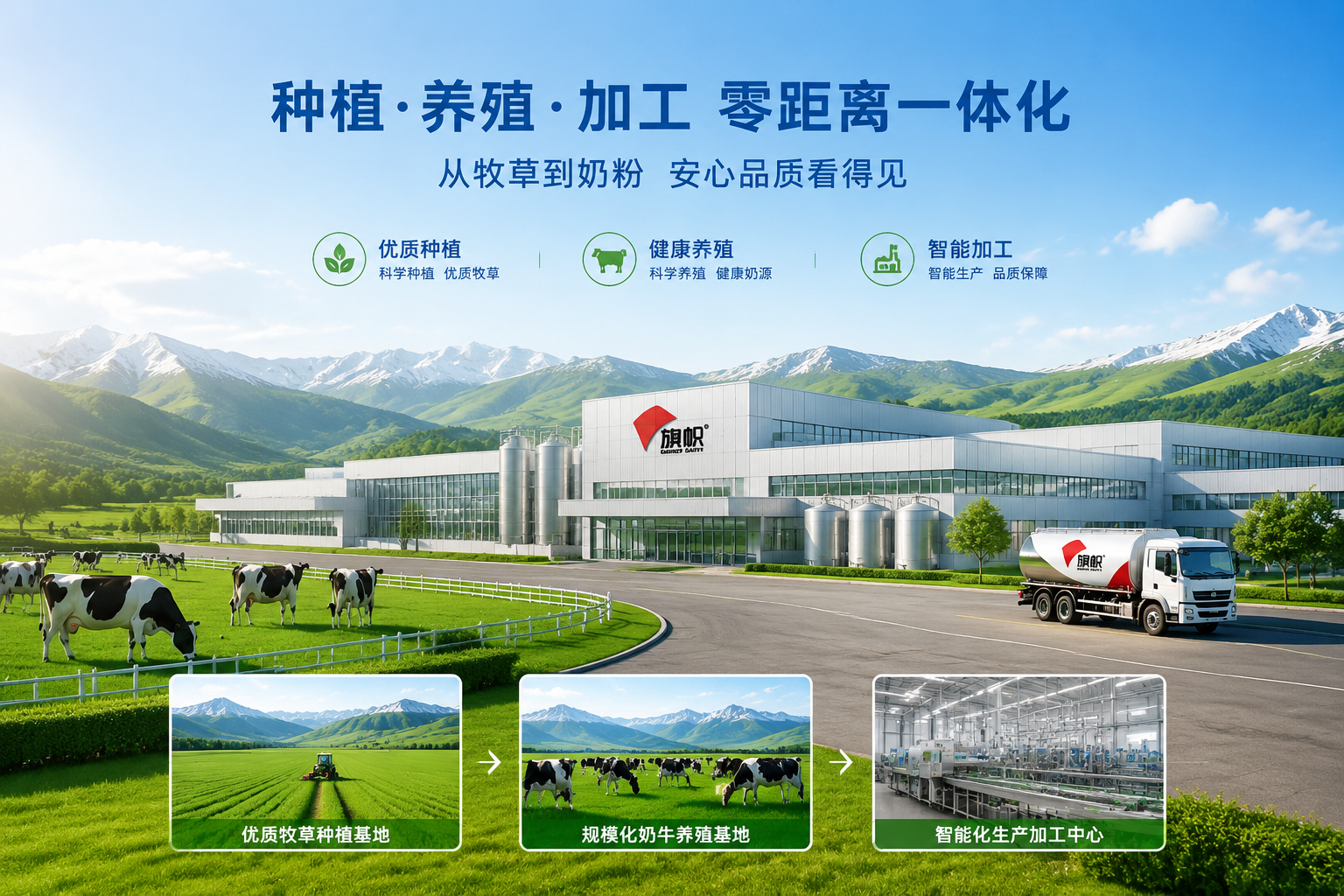 现代化的乳制品加工厂外观，背景是连绵的绿色山脉和草原，体现“种植、养殖、加工零距离一体化”的品牌实力，明亮的企业宣传片风格。