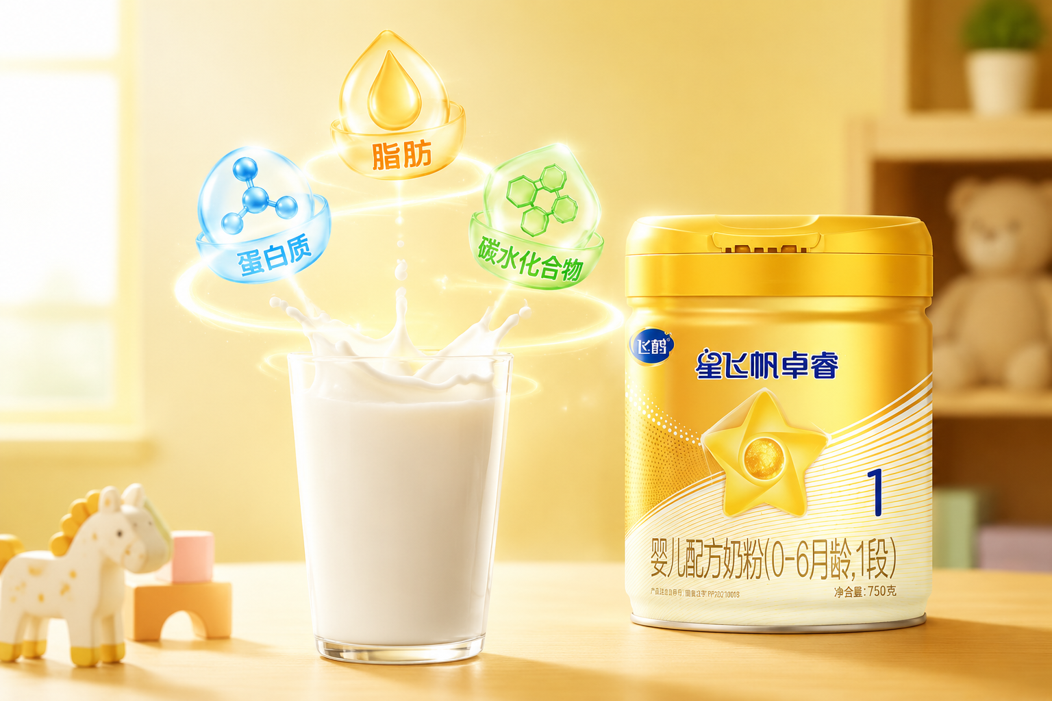 一杯浓郁纯白的牛奶，上方悬浮着代表“蛋白质、脂肪、碳水化合物”的3D立体图标，旁边放置着奶粉罐，整体色调温暖明亮，展现基础营养的均衡搭配。
