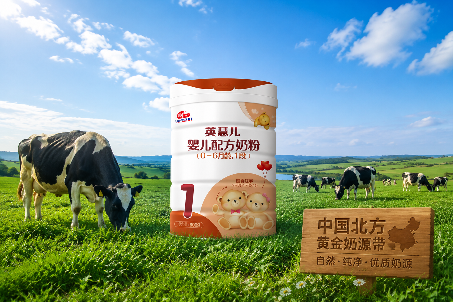 广阔美丽的中国北方黄金奶源带草原，蓝天白云，阳光明媚，健康的奶牛在吃草，画面中央融合明一英慧儿奶粉的元素，展现自然、纯净的奶源地风光，摄影级画质，自然光。
