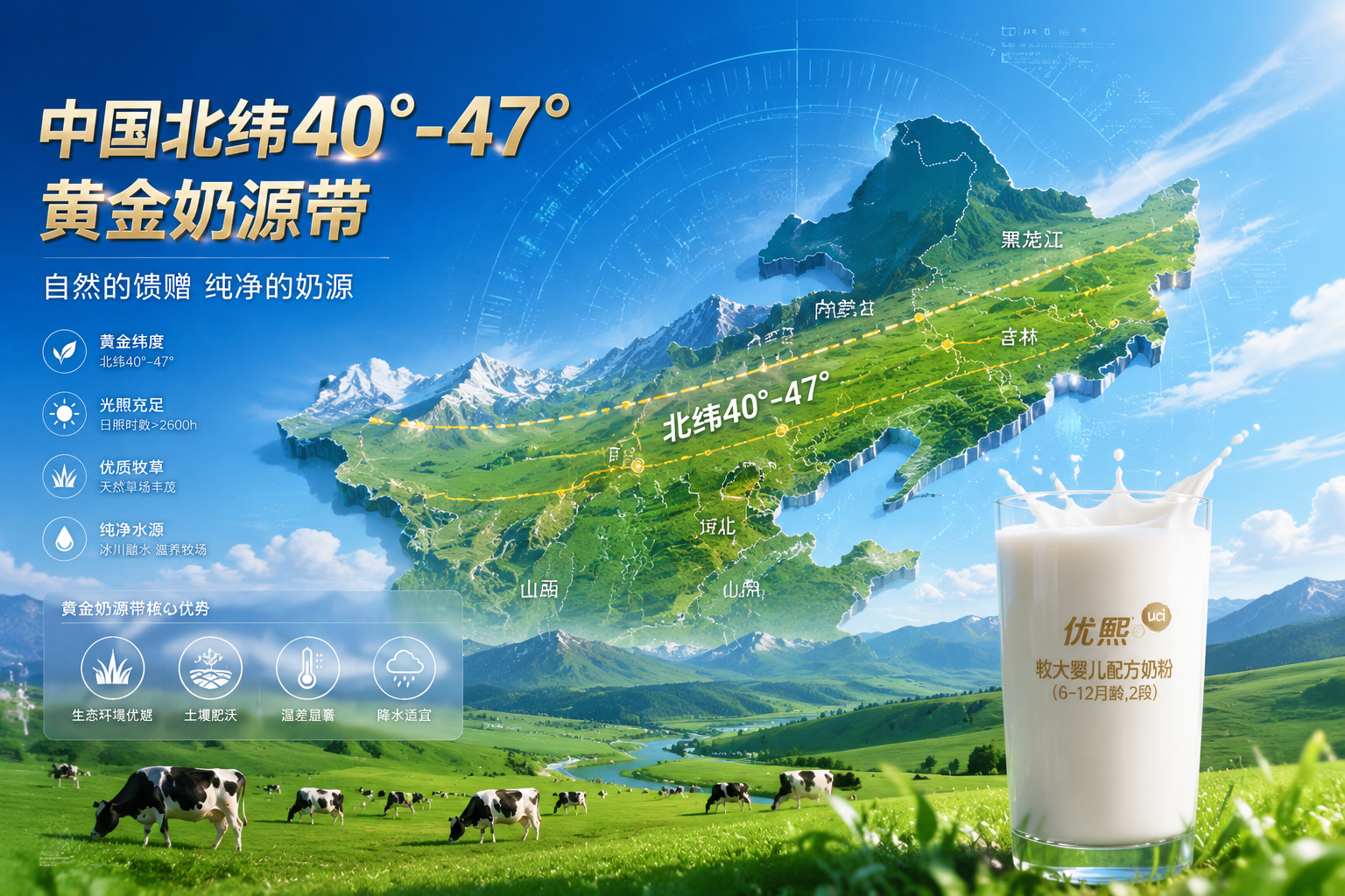 一張展現(xiàn)中國北緯40°-47°黃金奶源帶的精美地理信息圖，融合了廣闊的草原、藍天白云、牧場元素，配以一杯純凈的牛奶，畫面具有科技感與自然交融的視覺效果，高端大氣。